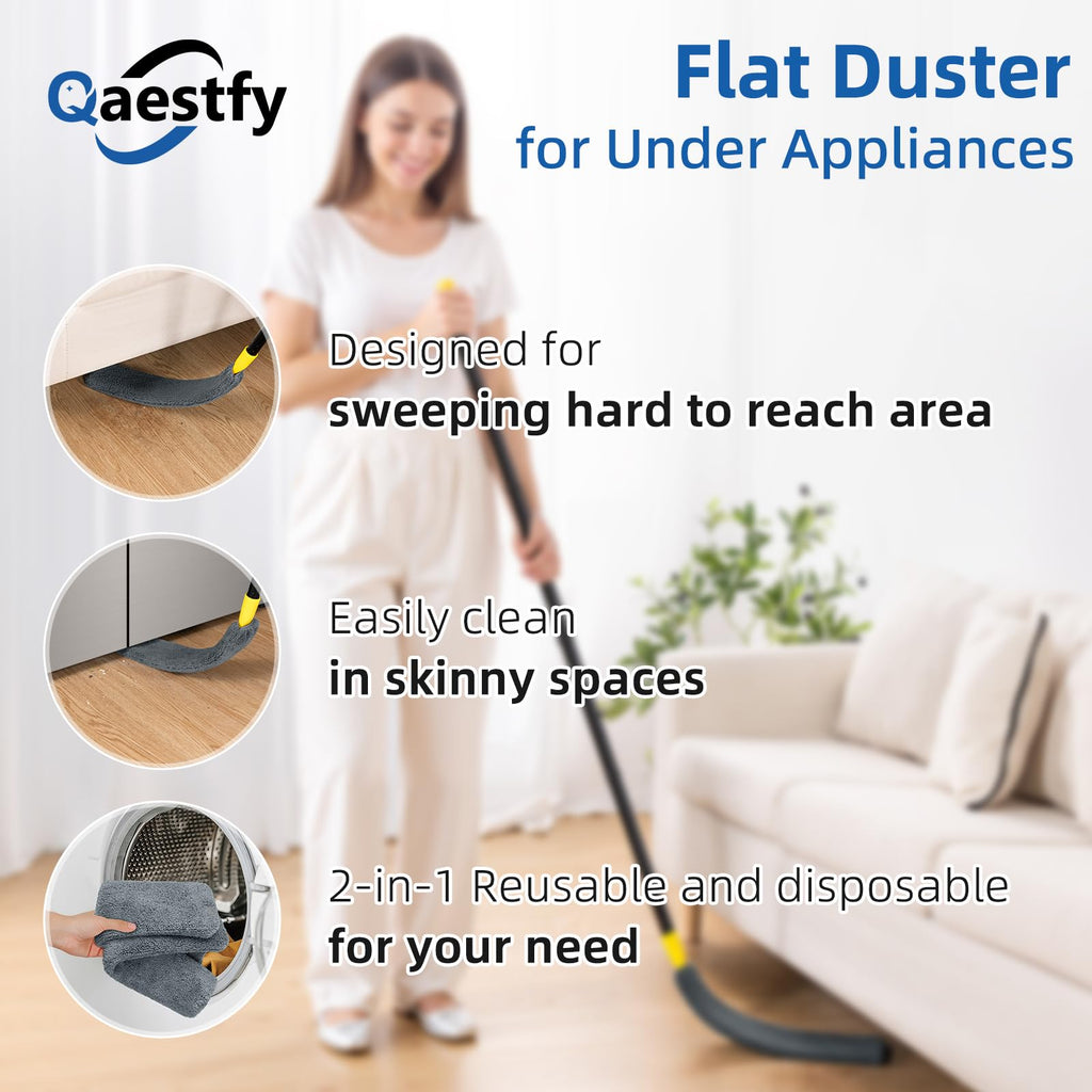 Qaestfy Under Appliance Cleaning Tool with Long Handle, 2 Reusable Microfiber Pads, 5 Disposable Dusting Cloths, Retractable Flat Gap Duster for Behind Fridge, Washer, Bed, Furniture