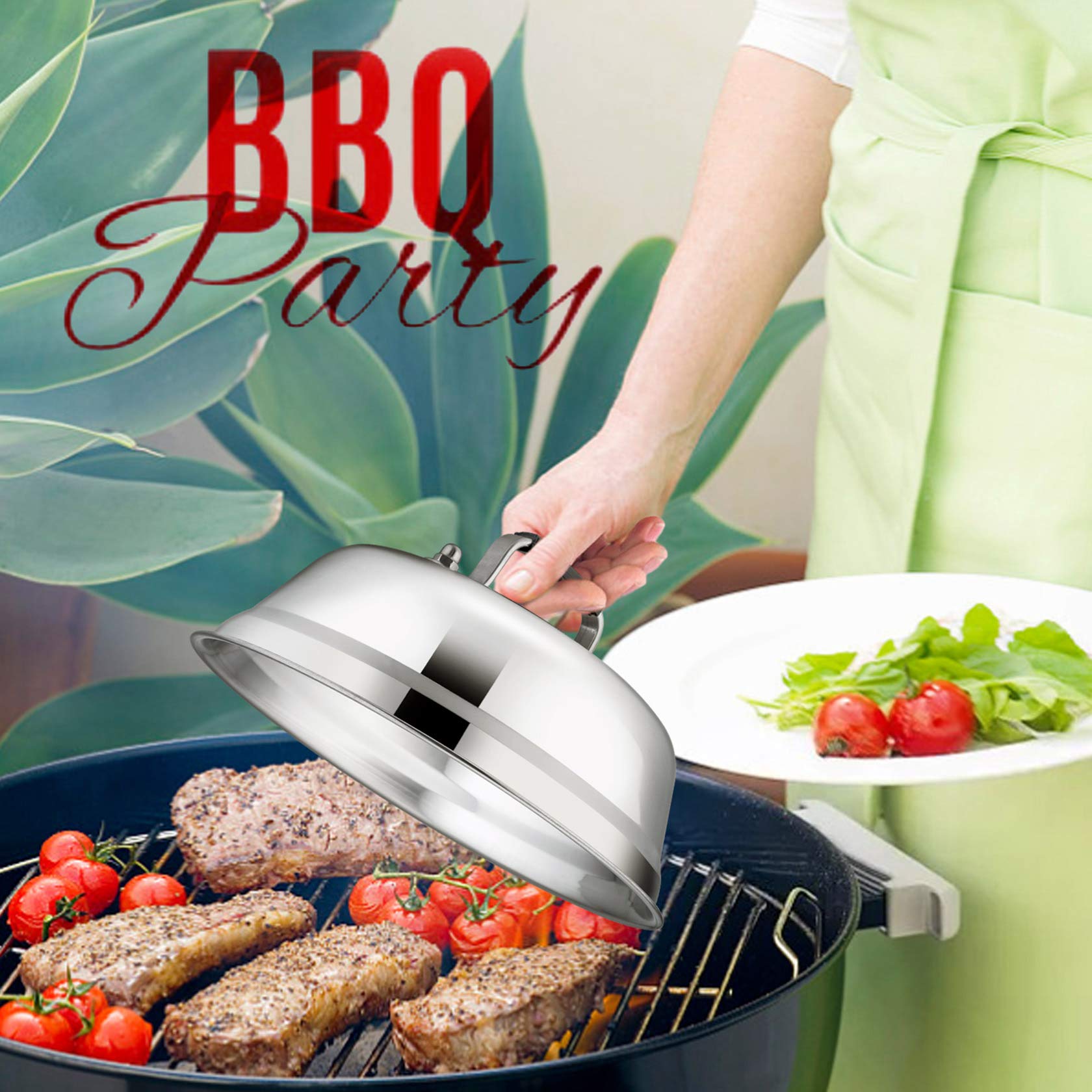 9inch Cheese Melting Dome Set of 2, Leonyo Stainless Steel Steam Basting Cover for Griddle Grill Flat Top, Heavy Duty Griddle Accessories for BBQ Cooking Burger, Dishwasher Safe