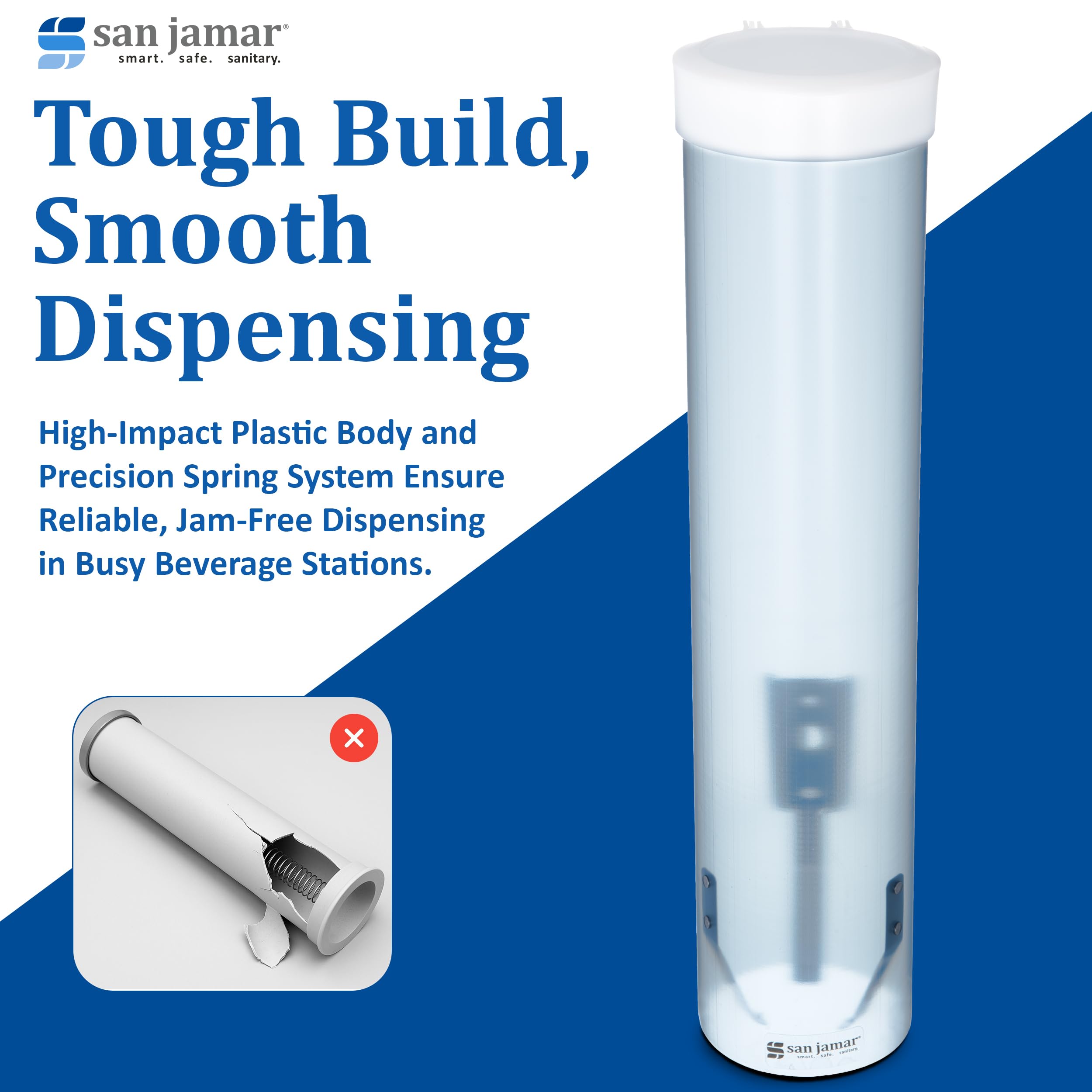 San Jamar Cup Dispenser, Pull Down Storage for Water Cooler Cups in Commercial Setting, Compatible with 4-10 Oz Cups, 1 Count, Frosted Blue