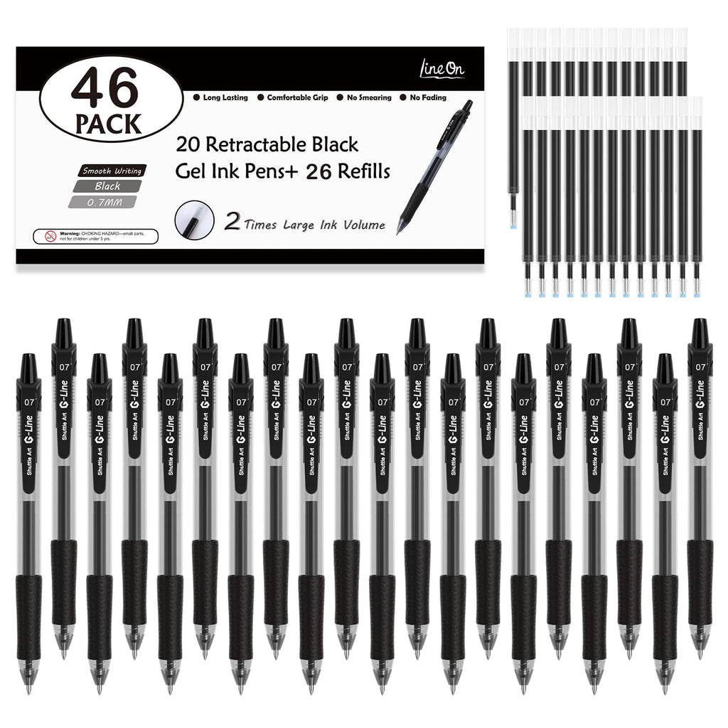 Lineon 46 Pack Black Gel Ink Pens (20 Gel Pens with 26 Refills) Medium Point Retractable Writing Smooth Writing with Comfortable Grip for Office School
