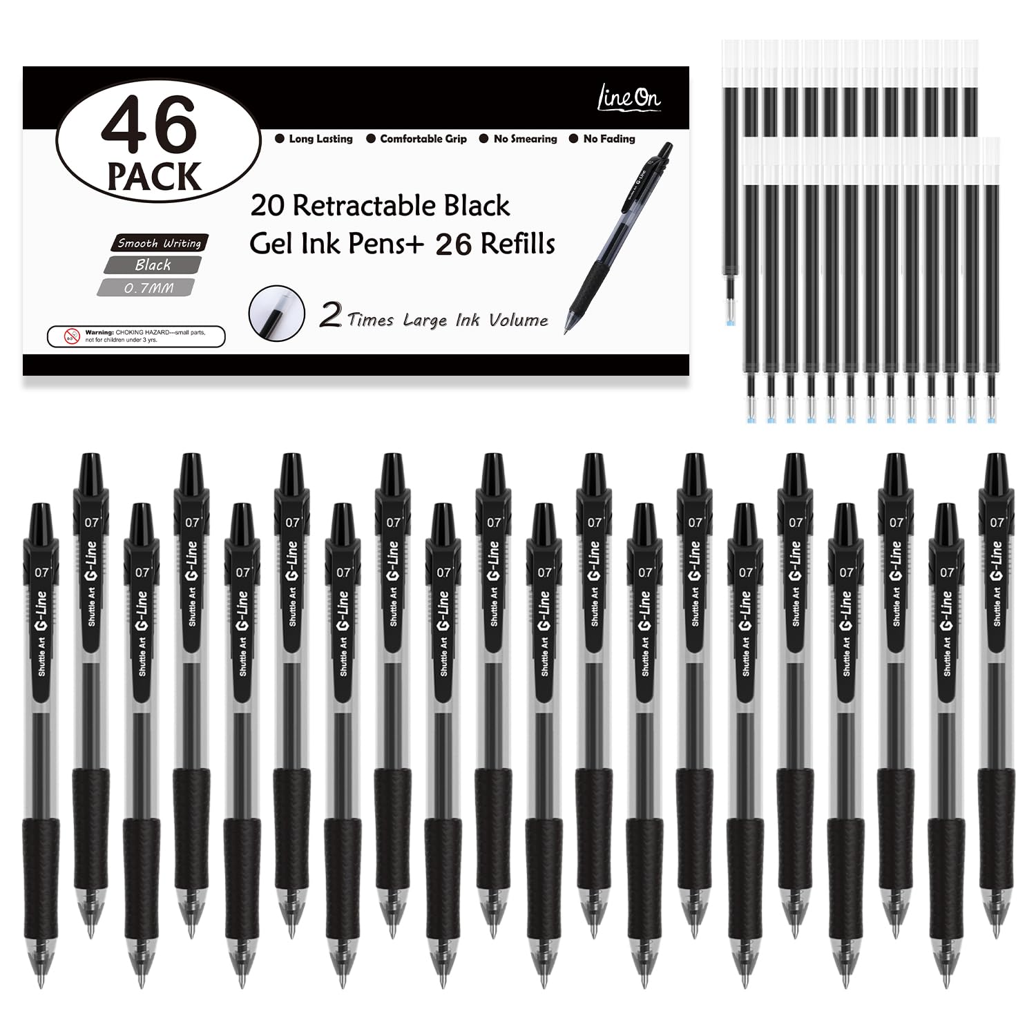 Lineon 46 Pack Black Gel Ink Pens (20 Gel Pens with 26 Refills) Medium Point Retractable Writing Smooth Writing with Comfortable Grip for Office School