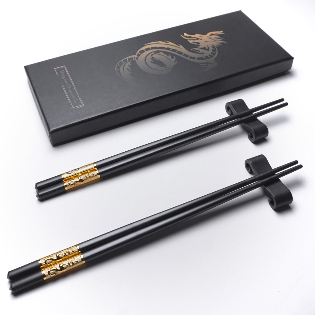 Youda Golden Dragon Chopsticks Set-Premium Alloy Metal Reusable Chopsticks with Holder & Gift Bag, Traditional Chinese Design, Dishwasher Safe, Elegant Gift Box (2 Pairs)