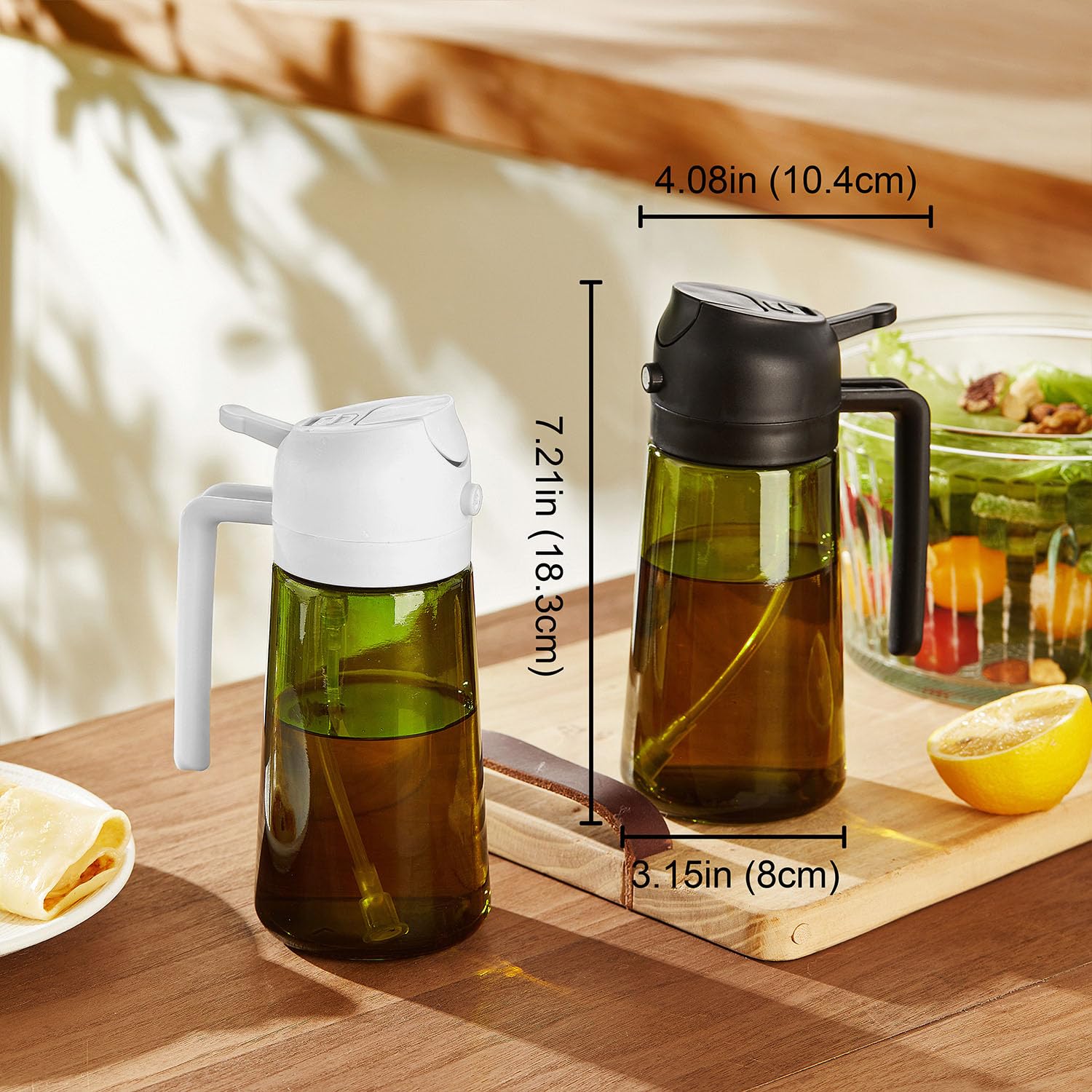 TrendPlain 470ml Olive Oil Dispenser Bottle for Kitchen Gadgets - 2 in 1 Dispenser and Sprayer - Olive Oil Spray Bottle w/Stickers (Light Blockage) - BPA Free - Black&Navy