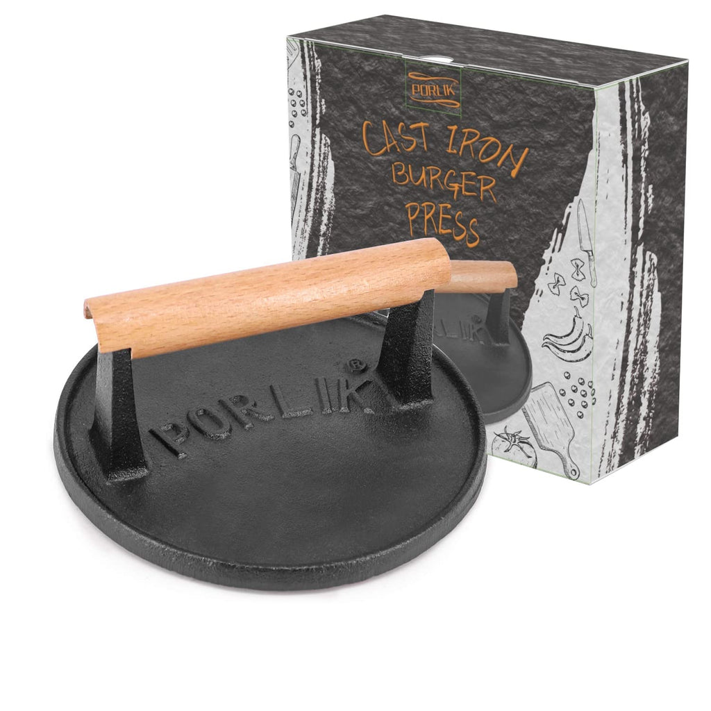 Cast Iron Grill Press,Griddle Press with Cool-Touch Wood Handle,Burger Smasher for Griddle,BBQ Grilling Accessories (Round Press)
