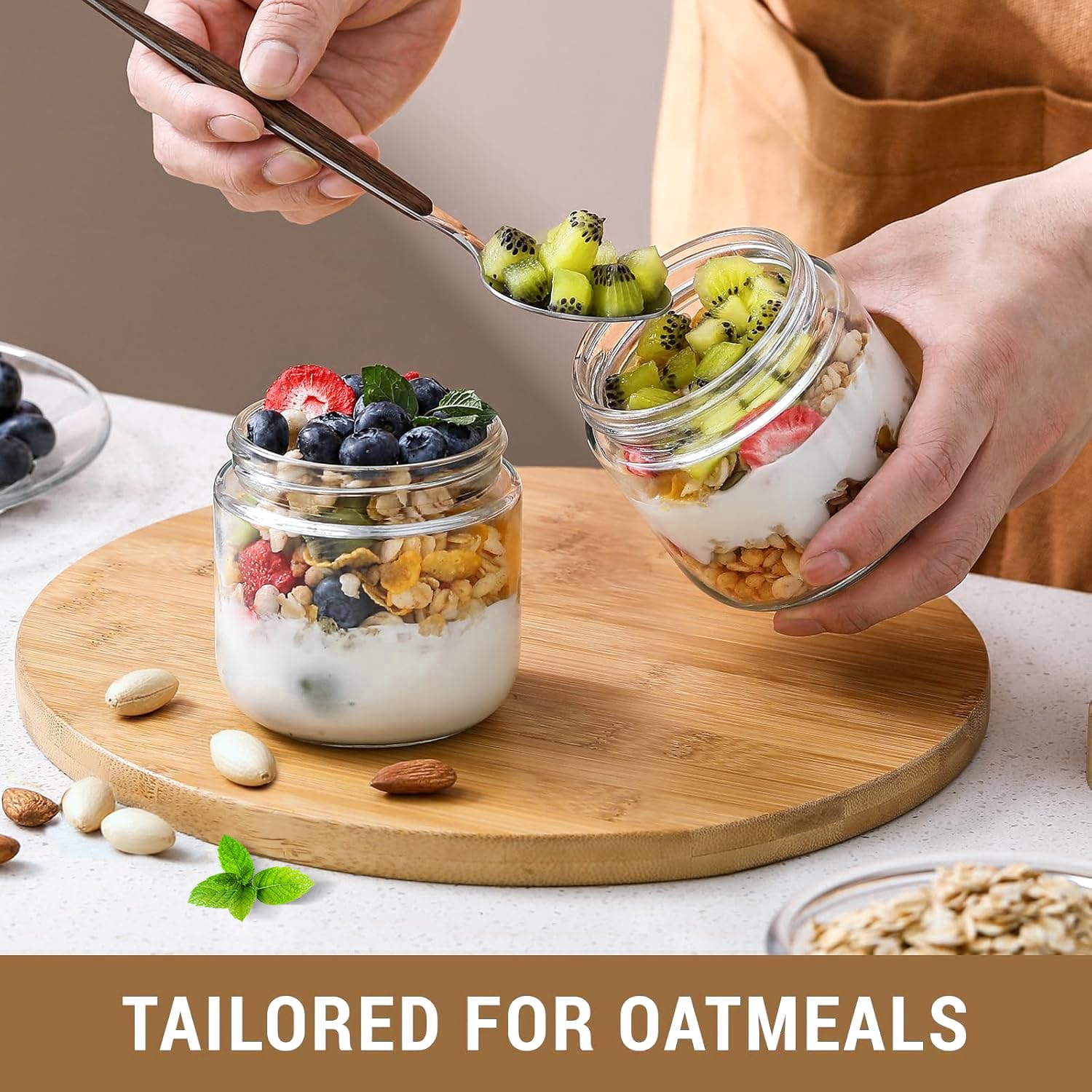 Oillase 4-pack 10oz Glass jars with Airtight Lids, Overnight Oats Containers with Bamboo Lids, Wide mouth Mason Salad jars, Glass Food Storage Containers for Snacks Yogurt Spice Sugar