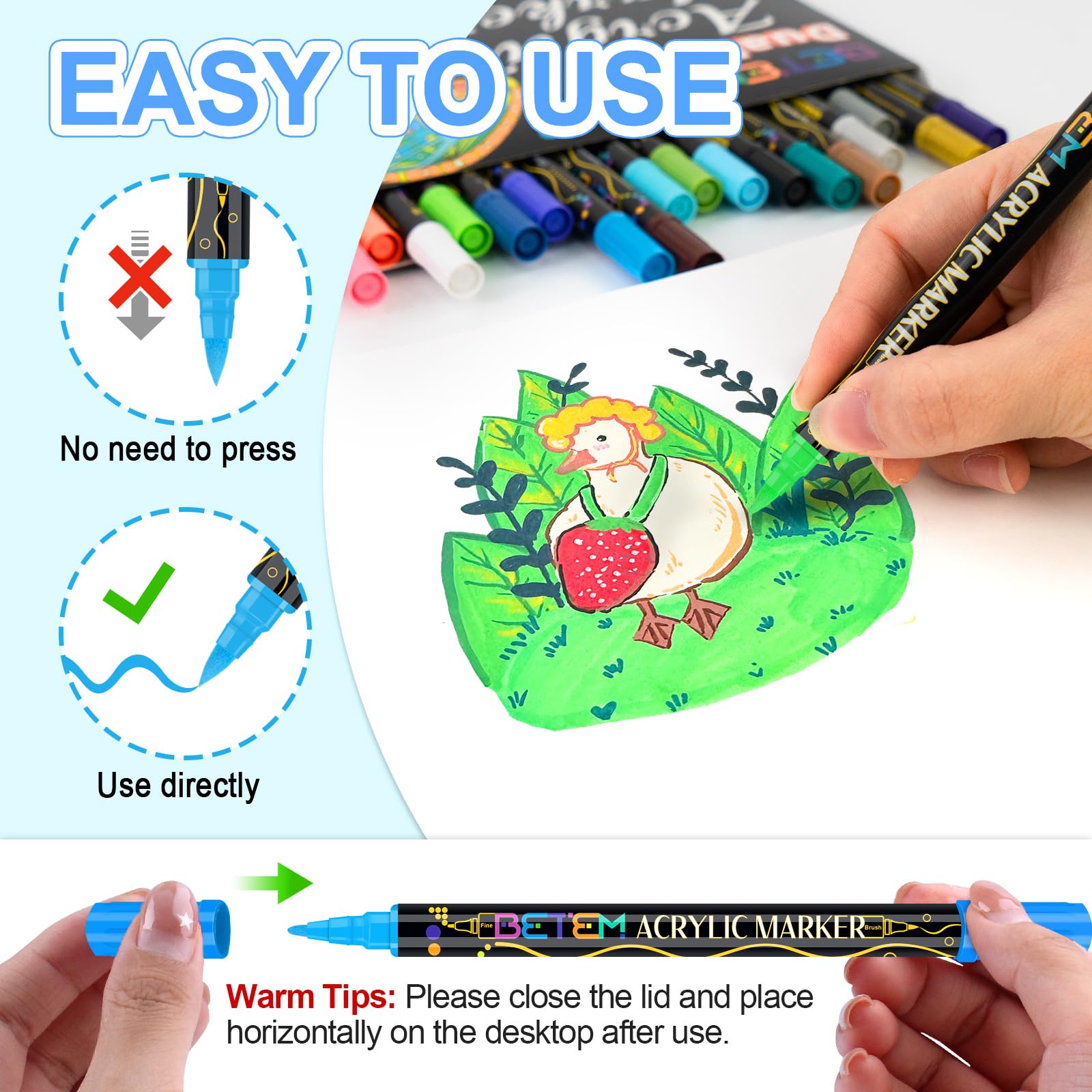 Betem Acrylic Paint Markers, Dual Tip 24 Colors Acrylic Paint Pens with Brush Tip and Fine Point, Art Supplies for Rock, Wood, Canvas, Stone, Glass, Ceramic, Rock Painting Gift