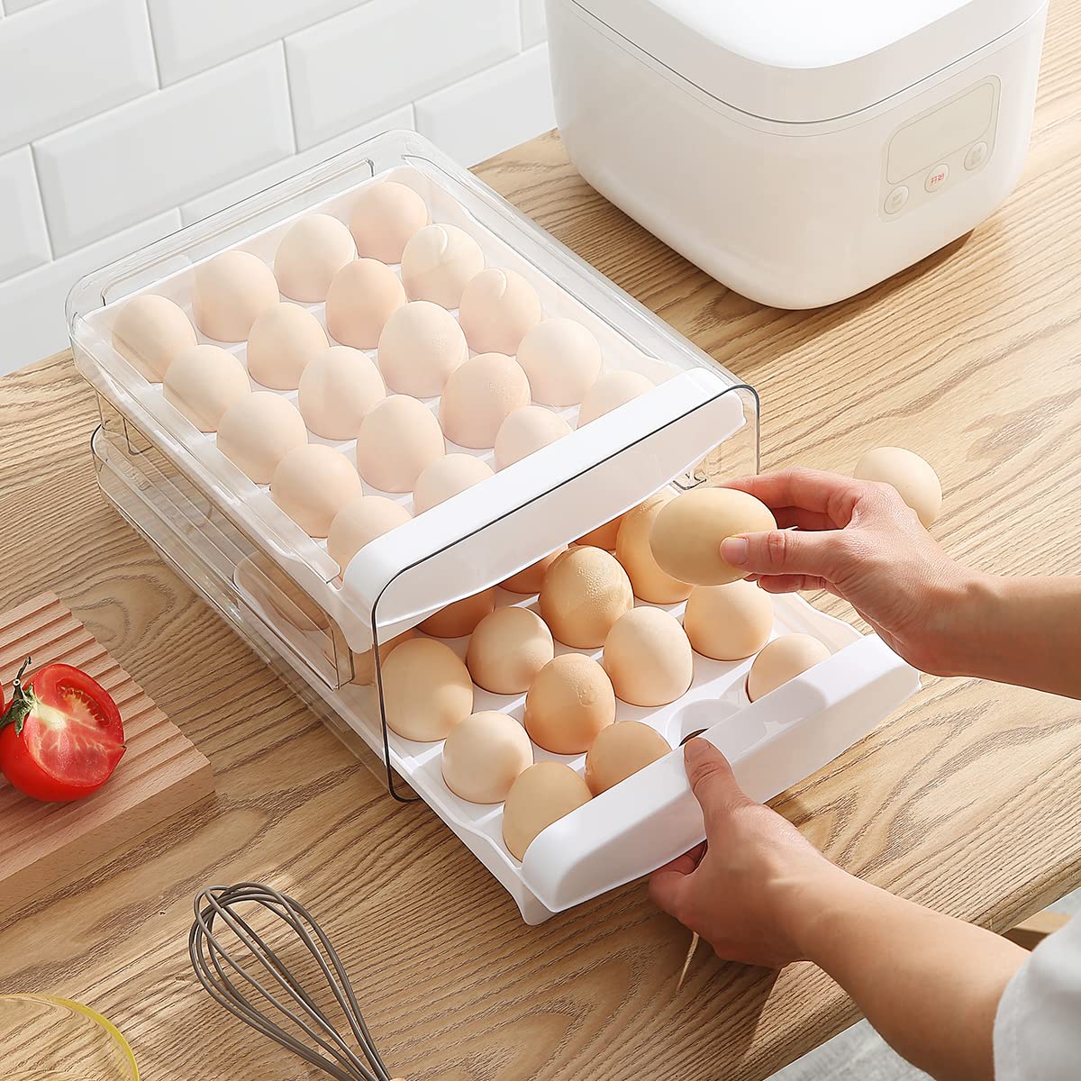 HOMQUEN Egg Container for Refrigerator, 40 Grid/2 Layer Egg Holder for Refrigerator, Egg Drawer for Refrigerator, Egg Fresh Storage Box for Fridge, Egg Tray & Egg Storage, Clear Plastic (Pack of 1)