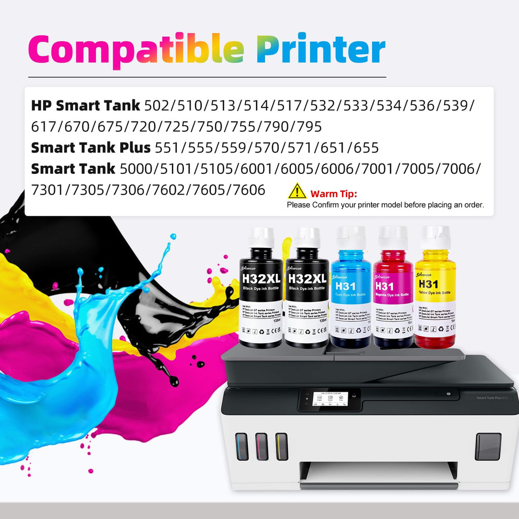 EXCERCUS Refill Ink Replacement Compatible with HP 31 Ink Bottle Set HP 32XL 32 XL Ink Work for HP Smart Tank 5000 6001 5101 5102 Plus 651 551 455 457 450 7301 7001 7602 (5 Pack)