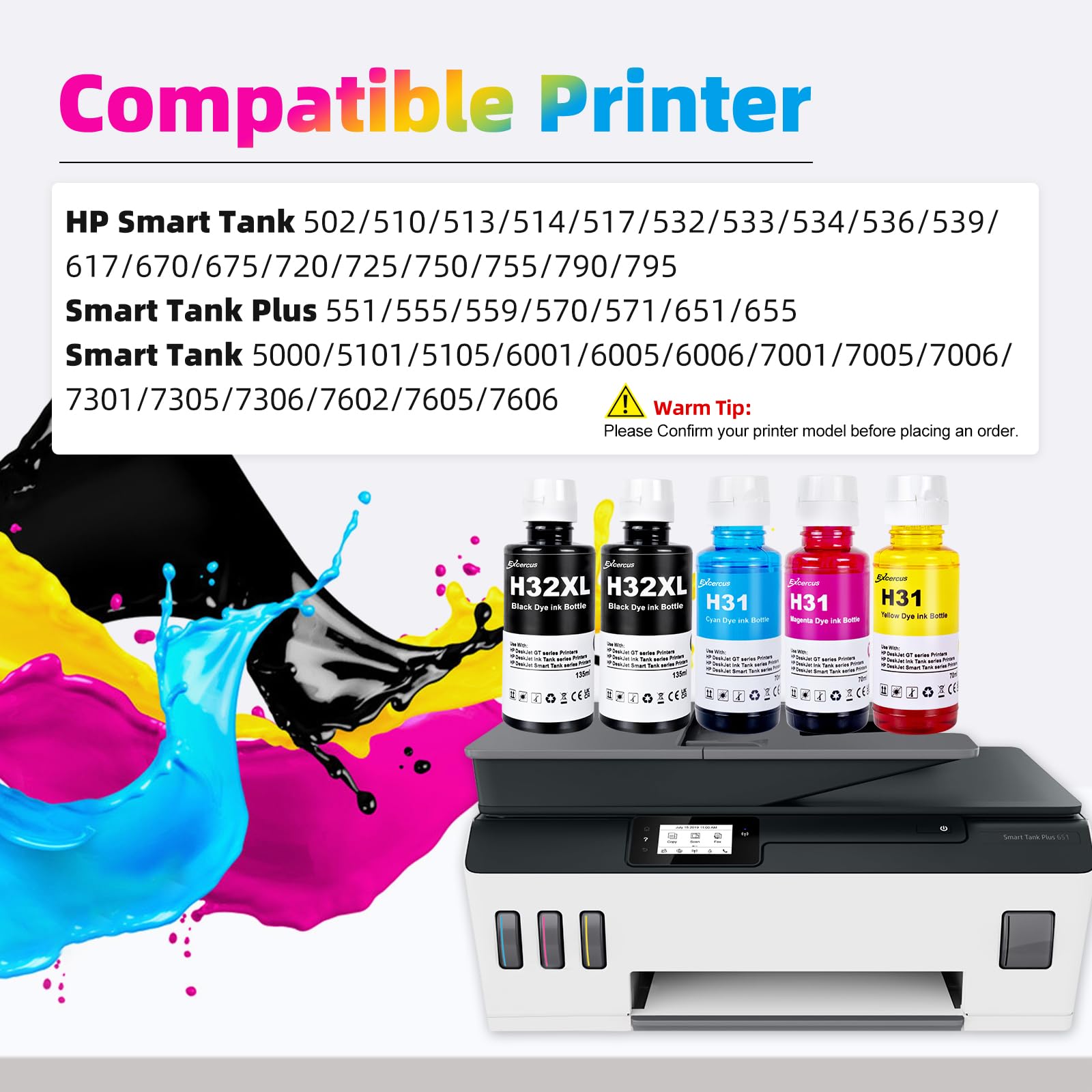 EXCERCUS Refill Ink Replacement Compatible with HP 31 Ink Bottle Set HP 32XL 32 XL Ink Work for HP Smart Tank 5000 6001 5101 5102 Plus 651 551 455 457 450 7301 7001 7602 (5 Pack)