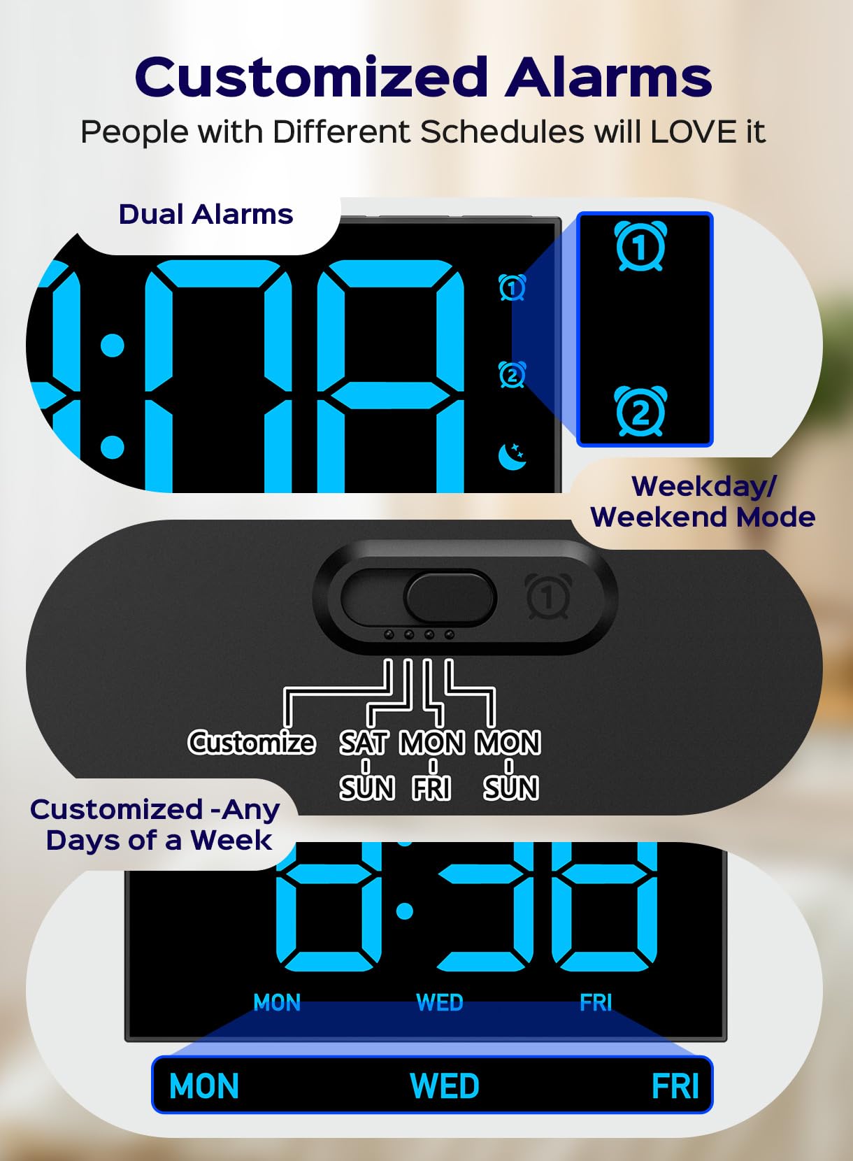 GOLOZA Digital Alarm Clocks for Bedrooms, Digital Clock with 4 Level Brightness +Off, Dual Customizable Alarms, USB Port, Power-Off Memory, Snooze, DST, 12/24H, Desk Clock for Kids Adults Elderly