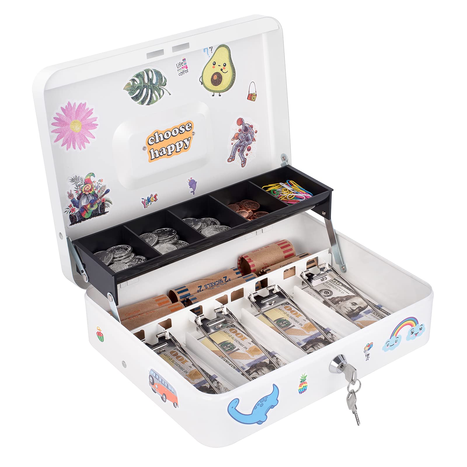 Cash Box with Money Tray and Lock, Money Box for Cash, Cash Register for Small Businesses, Metal Lock Box for Money Tiered 11.8 x 9.4 x 3.54 Inches White