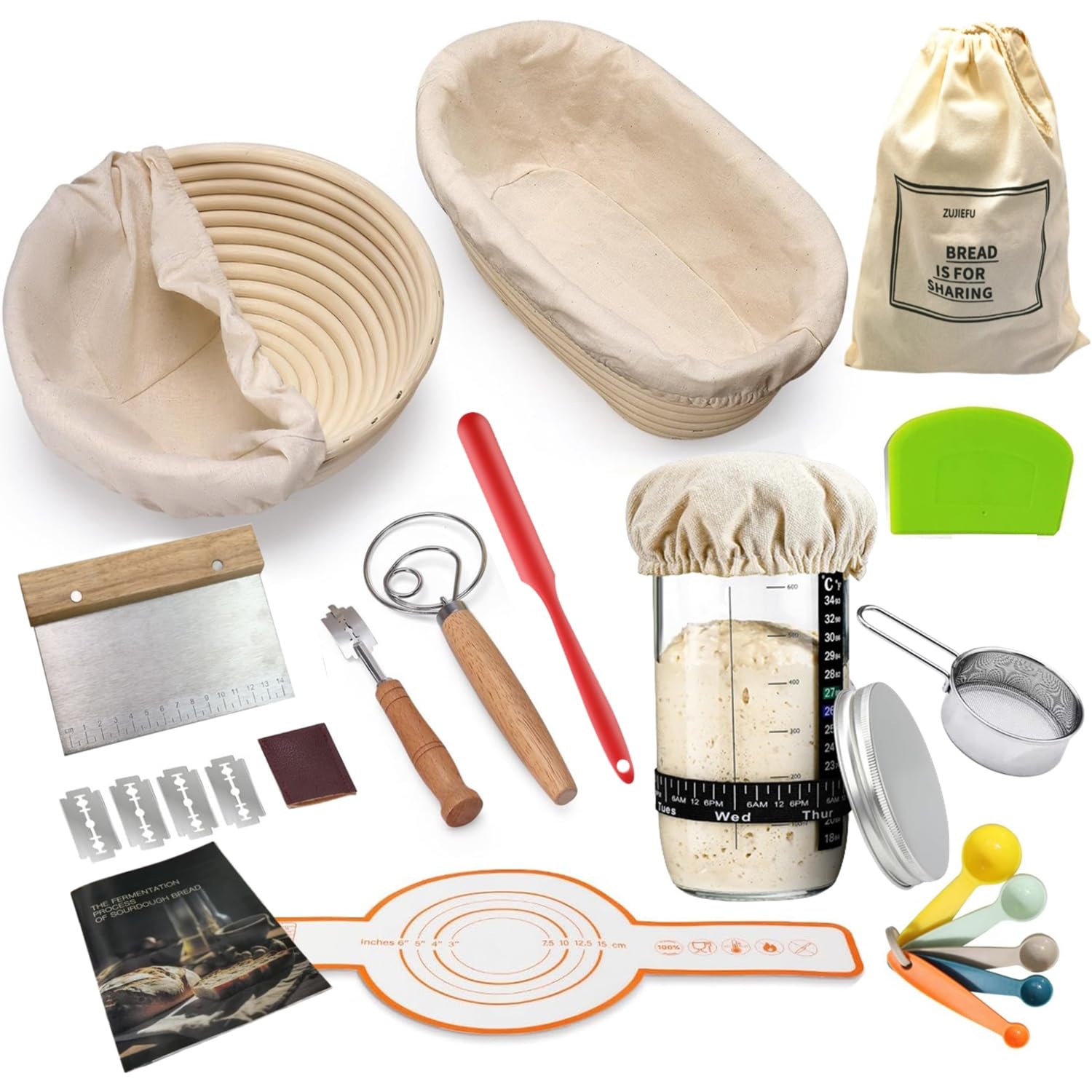 Sourdough Starter Kit,Proofing Basket of two,9 in Round &10 in Oval Banneton proofing Basket set with Silicone Bread Sling, Dough Scrapers, lame,Sourdough Jar,Perfect Bread Making Kit