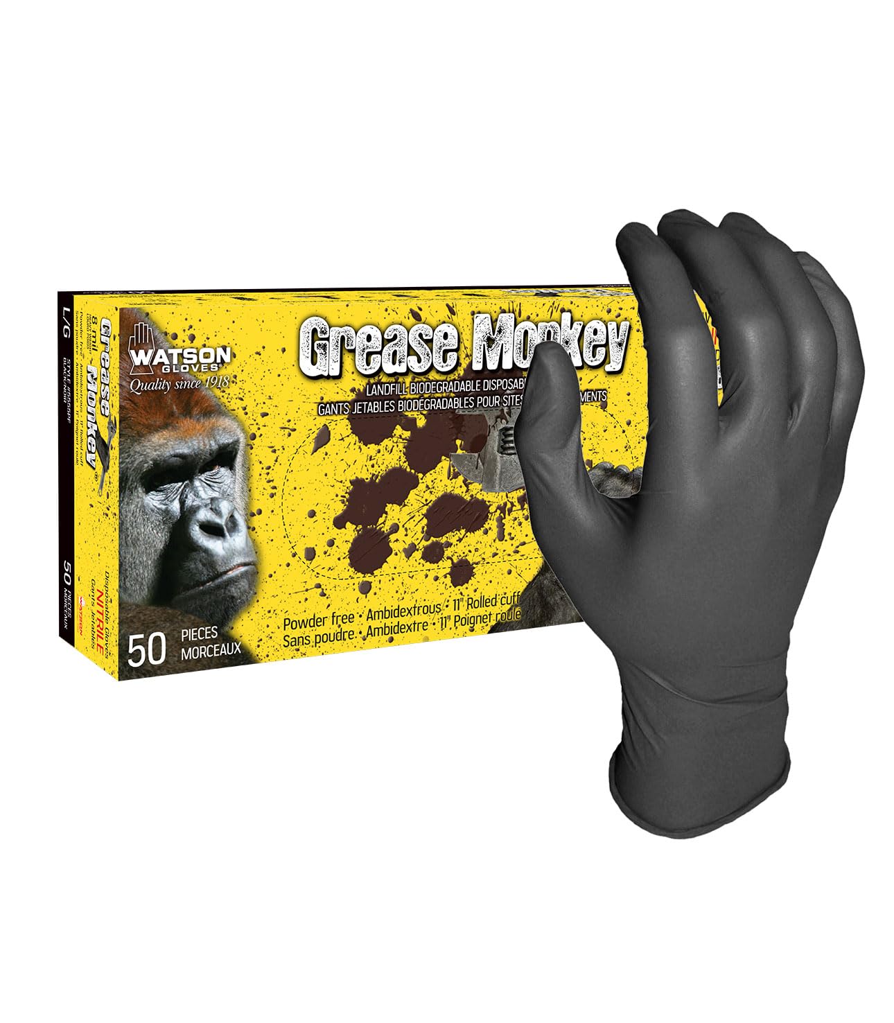 Watson Gloves Grease Monkey 5555PF Biodegradable Nitrile 8 MIL Disposable Gloves, Black, XX-Large, 50/Box