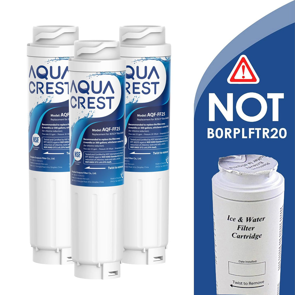 AQUA CREST AQF-FF25 Refrigerator Water Filter Replacement for UltraClarity REPLFLTR10, Bosch Ultra Clarity 644845, 9000 077104, 3 Filters