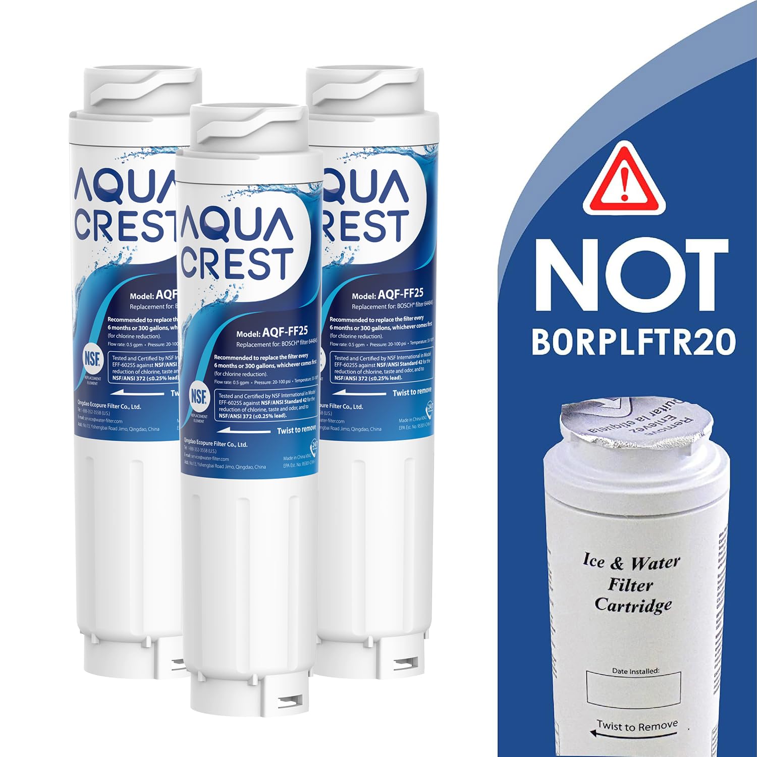 AQUA CREST AQF-FF25 Refrigerator Water Filter Replacement for UltraClarity REPLFLTR10, Bosch Ultra Clarity 644845, 9000 077104, 3 Filters