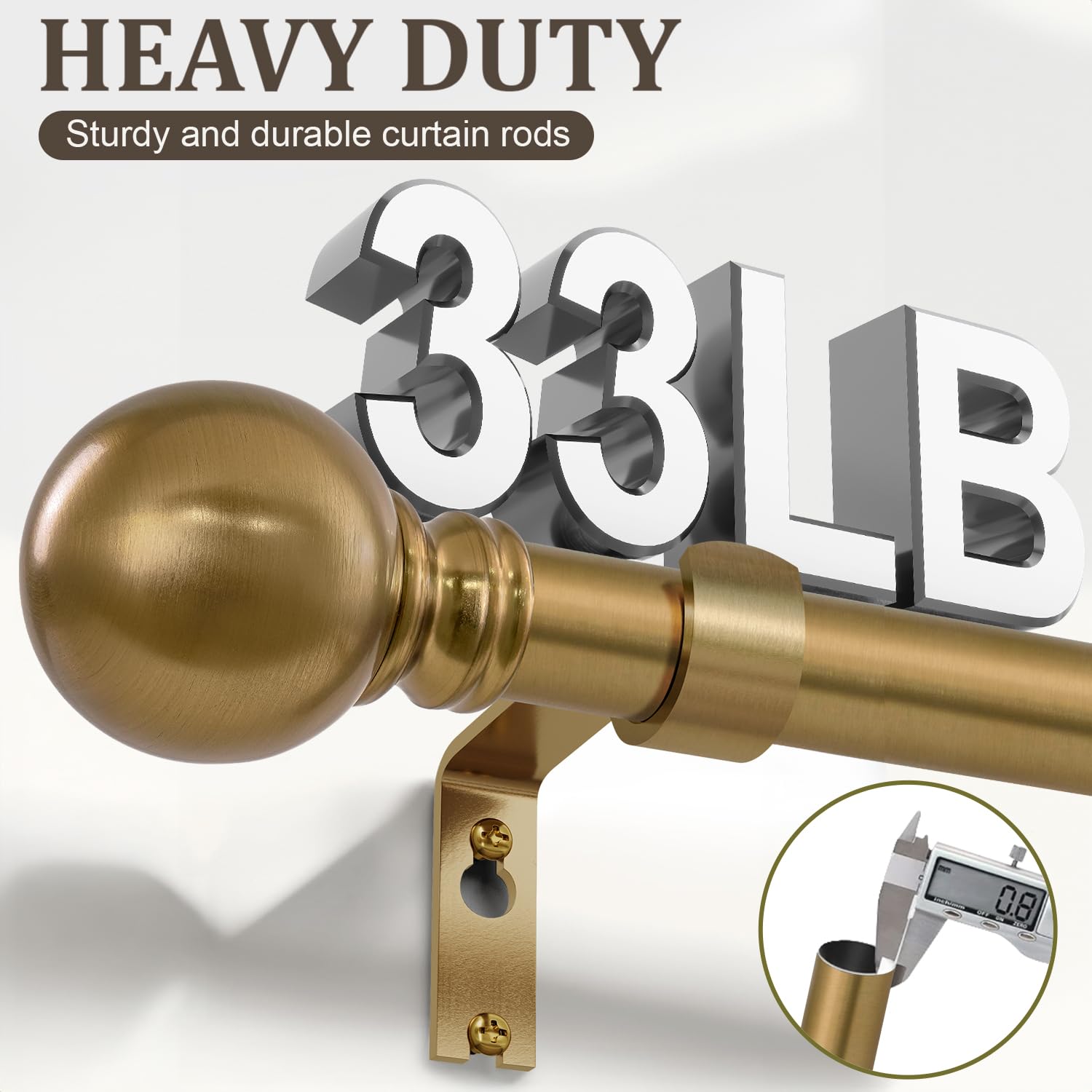 Warm Gold Curtain Rods for Windows 48 to 84 Inch 1" Diameter Adjustable Heavy Duty Brass Window Curtain Rod with Metal Finials for Living Room Bedroom Farmhouse Kitchen Outdoor