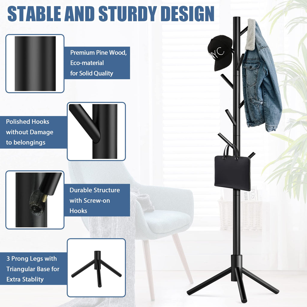 Haddockway Wooden Coat Rack Stand with 8 Hooks New Zealand Pine Adjustable Coat Standing Tree Easy Assembly for Coats, Hats, Scarves and Handbags for Entryway, Hallway, Bedroom, Office (Black)