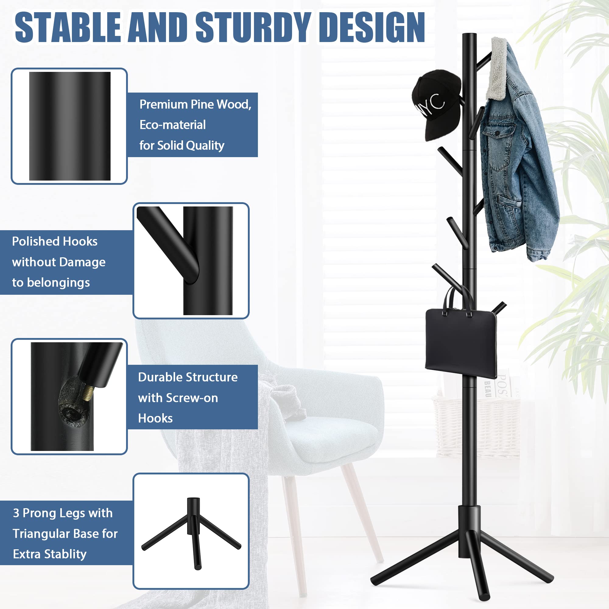 Haddockway Wooden Coat Rack Stand with 8 Hooks New Zealand Pine Adjustable Coat Standing Tree Easy Assembly for Coats, Hats, Scarves and Handbags for Entryway, Hallway, Bedroom, Office (Black)