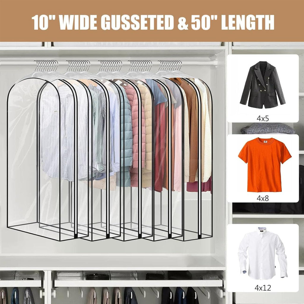 5 Pack 60" All Clear Garment Bags for Hanging Clothes Storage, 10" Gusseted Large Capacity Garment Rack Cover, Large Hanging Clothing Bag for Dress Gowns, Coats, Suit, Down Jacket