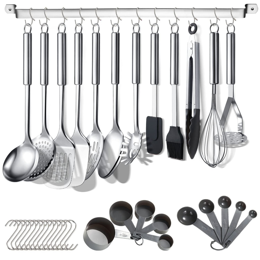 Berglander Kitchen Utensils Set 38 Pieces, Stainless Steel Cooking Utensils Set, Kitchen Gadgets Cookware, Kitchen Tool Set with Utensil Holder Rack and Hooks for Hanging Dishwasher Safe