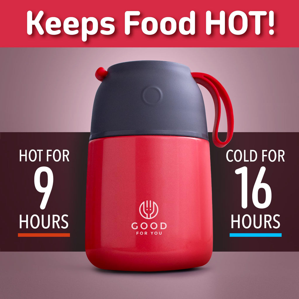 Insulated Food Flask - 530ml Stainless Steel Jar for Hot and Cold Meals – Double-Wall Insulation, Thermal Food Container for School, Office, Travel, Camping - Foldable Spoon, Bag - Red - 24.7 oz