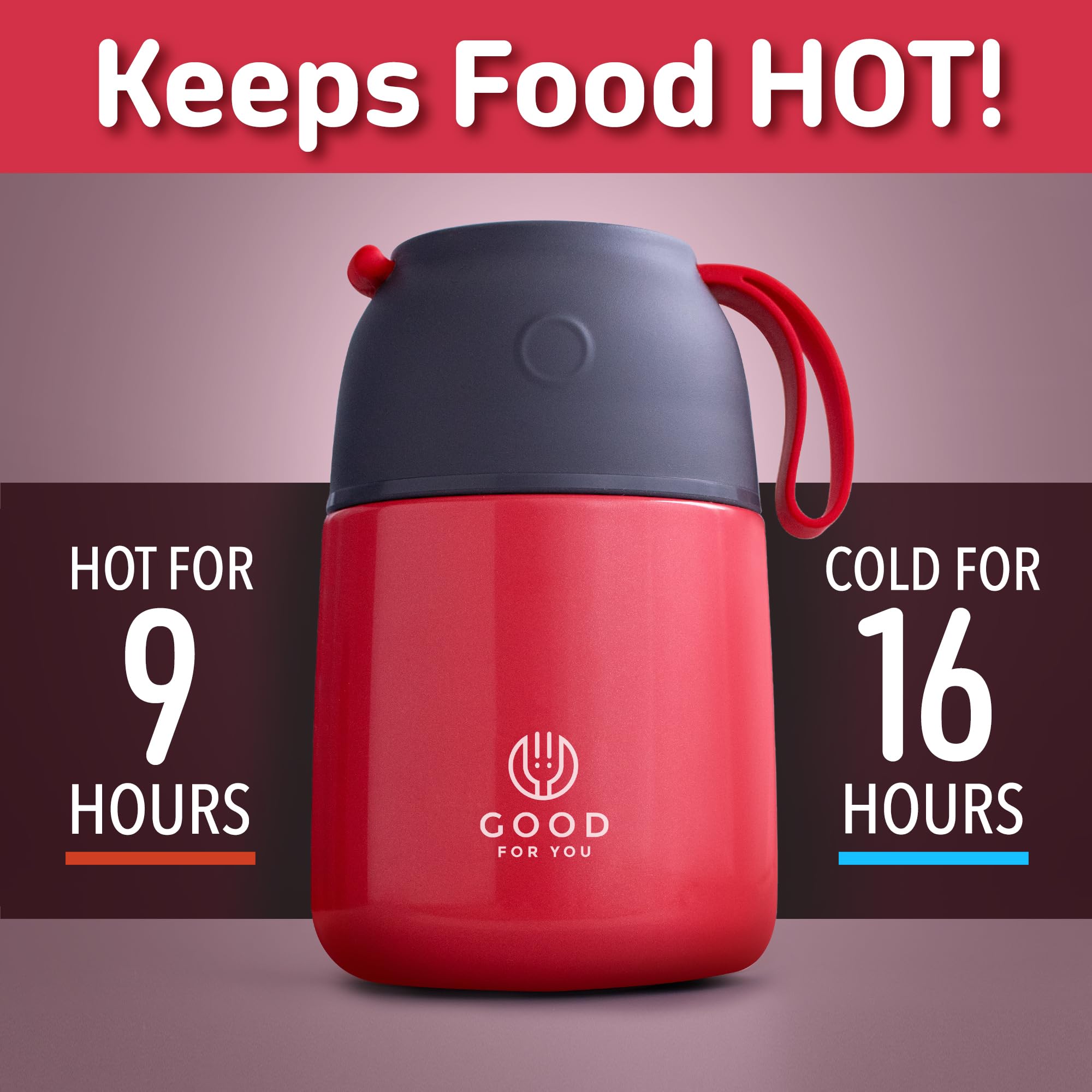 Insulated Food Flask - 530ml Stainless Steel Jar for Hot and Cold Meals – Double-Wall Insulation, Thermal Food Container for School, Office, Travel, Camping - Foldable Spoon, Bag - Red - 24.7 oz