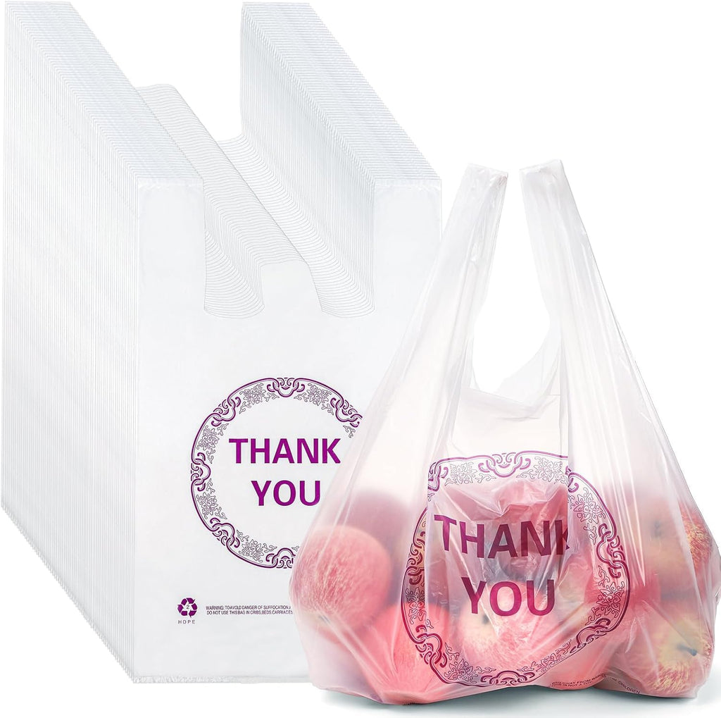 Elsjoy 500 Pieces Thank You Plastic Shopping Bags, 21 x 13 Inch T-Shirt Carry Out Bags Bulk Reusable Grocery Bags for Supermarket, Restaurant