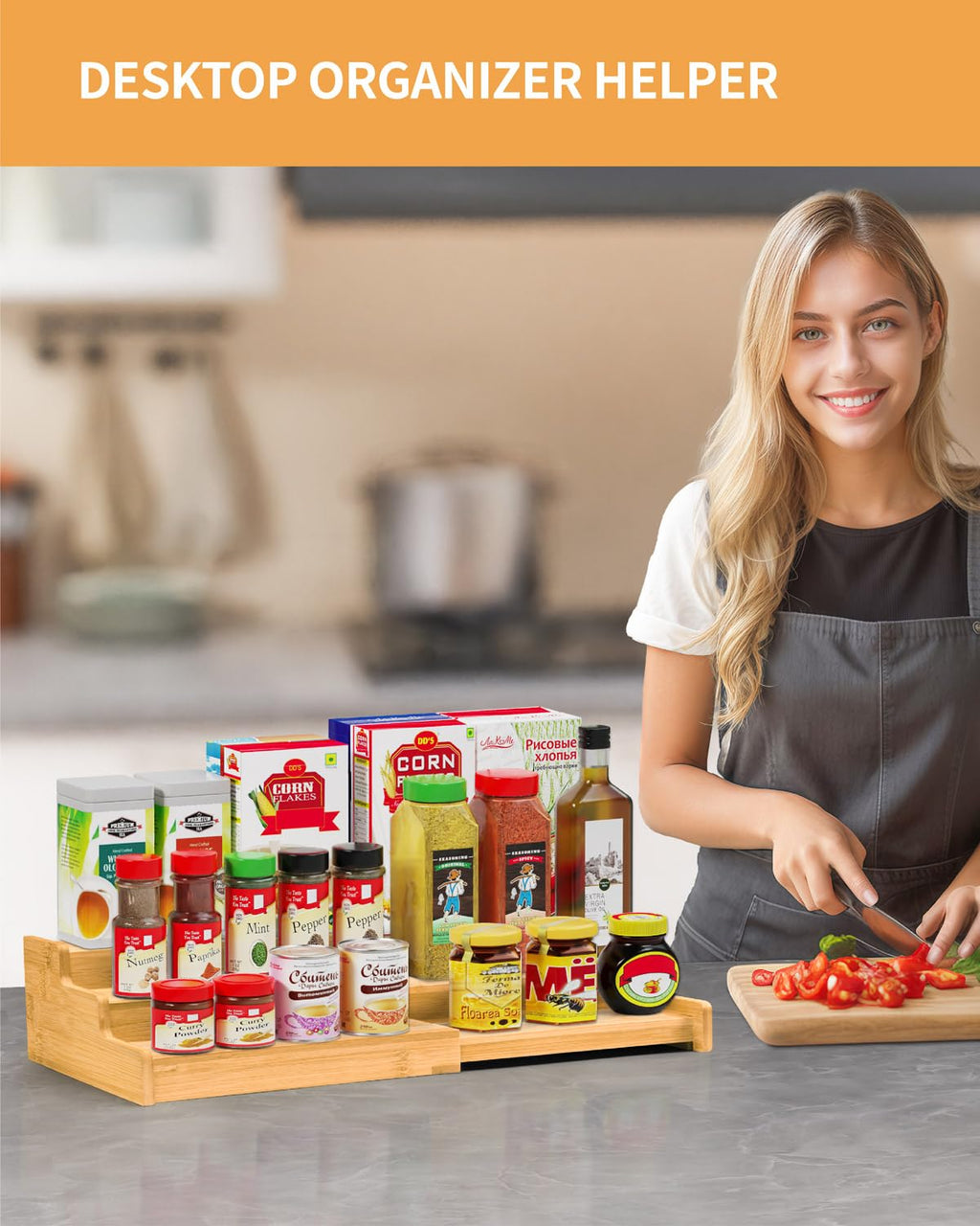 3-Tier Expandable Bamboo Spice Rack Organizer for Kitchen Cabinet & Pantry - Adjustable Wooden Storage Shelf, Countertop or Drawer Spice Rack for Canadian Kitchen