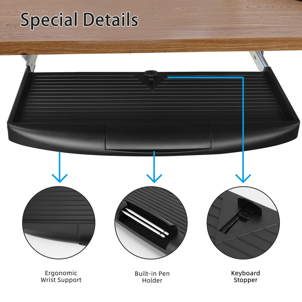 22"Wx11"D Under Desk Keyboard Tray Slide Out, Pull Out Keyboard Tray for Desk, Keyboard Holder Under Desk,Sturdy Keyboard Shelf Under Desk, Black Keyboard Drawer Desk Extender