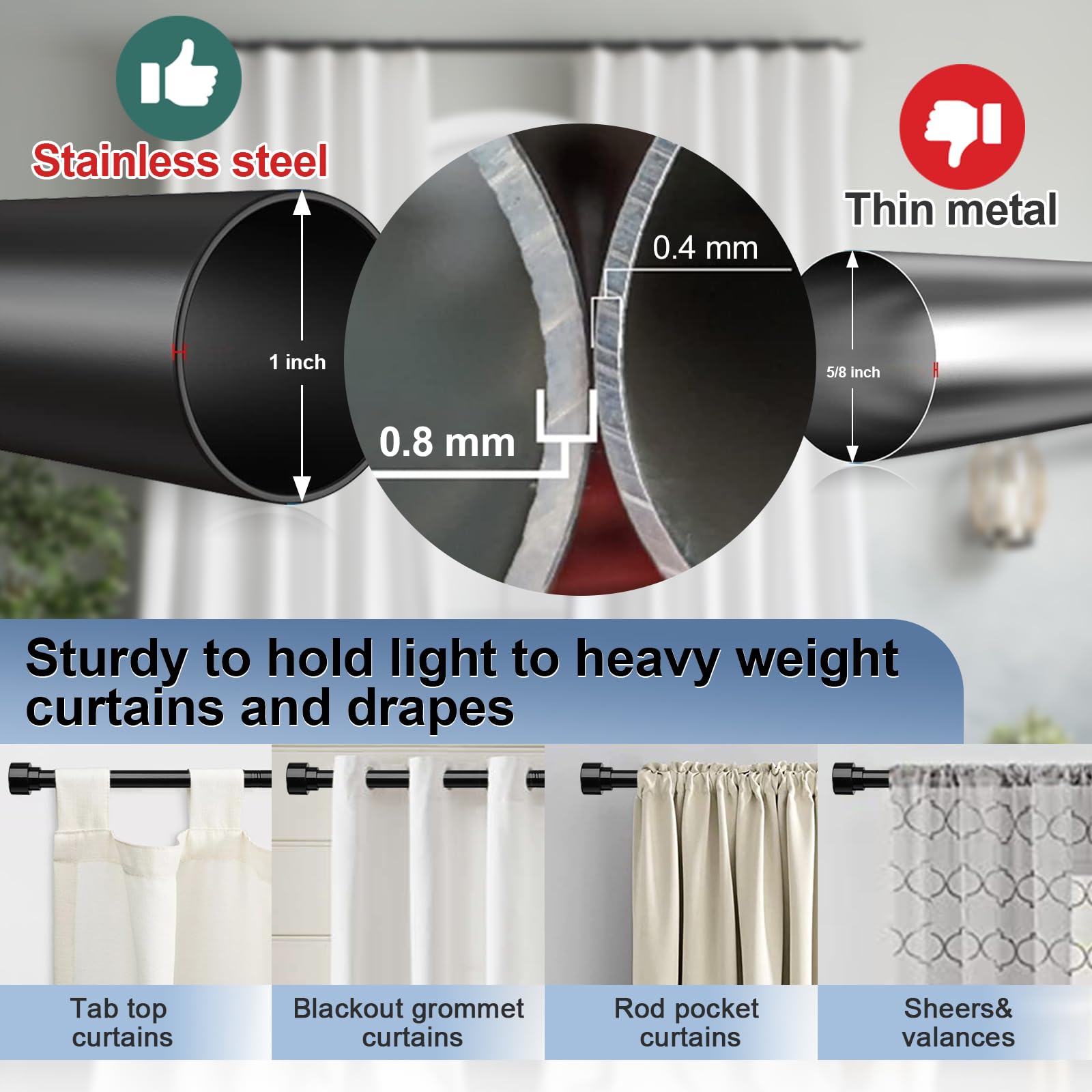 Black Curtain Rods for Windows 66 to 120-1 Inch Thick Heavy Duty Long Curtain Rods, No Sag & Easy Install - Decorative Modern Drapery Rods for Sliding Glass Door, Outdoor Patio, Living Room