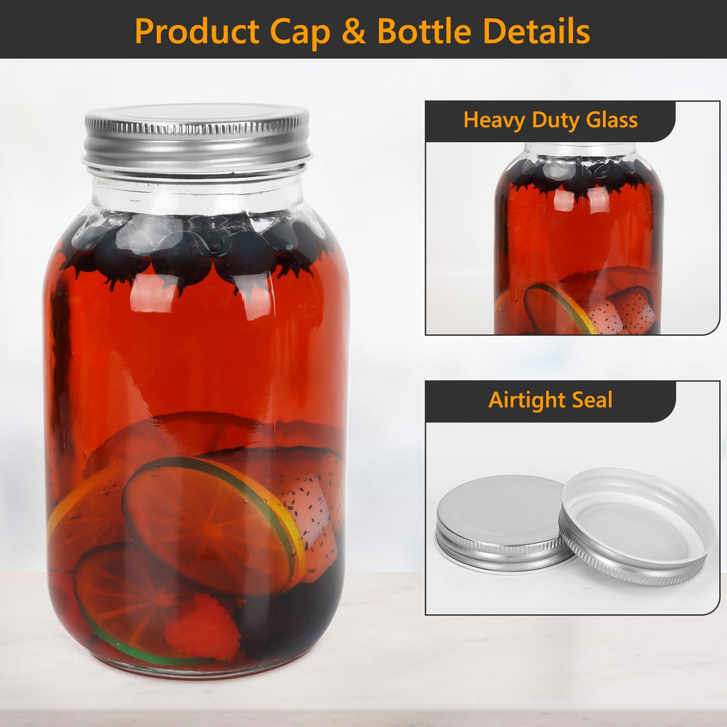 32 oz Mason Jars with Airtight Screw Lids, 6 Pack Glass Canning Jars,1000ml Food Storage Jars for Jams,Overnight Oats,Salad,Drink Favors,DIY Crafts