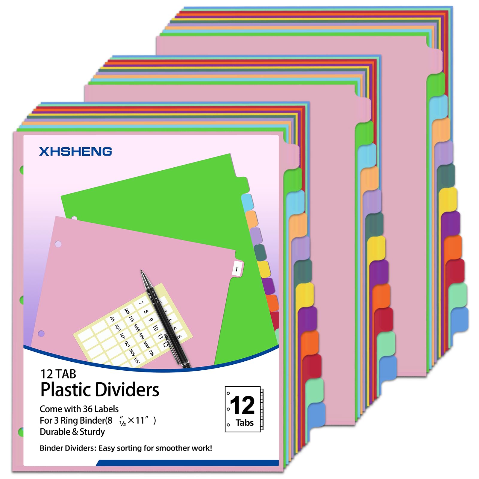 XHSHENG 12-Tab Dividers for 3 Ring Binder,Plastic Biner Dividers with Tab, Monthly Divider Sets, 12 Tabs, Jan-Dec,File tabs,Multicolor,3 Sets