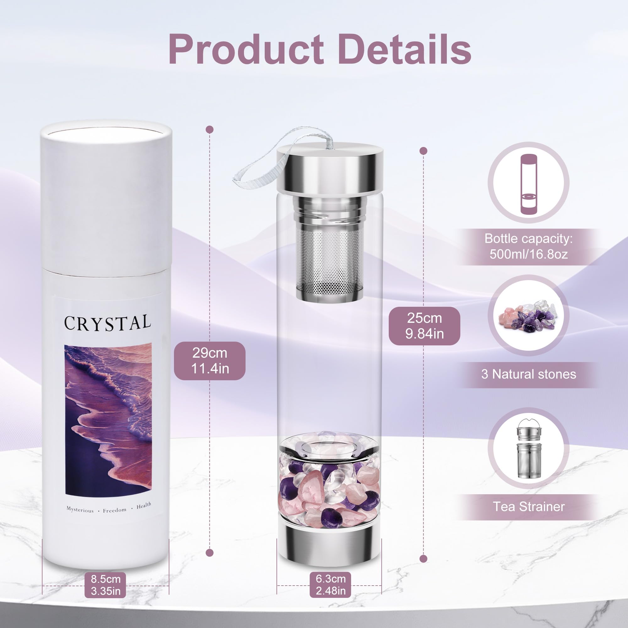DiDiBirDi 500ml Crystal Water Bottle with Removable Strainer - Includes Amethyst & Rose Quartz Stones, for Tea Lovers