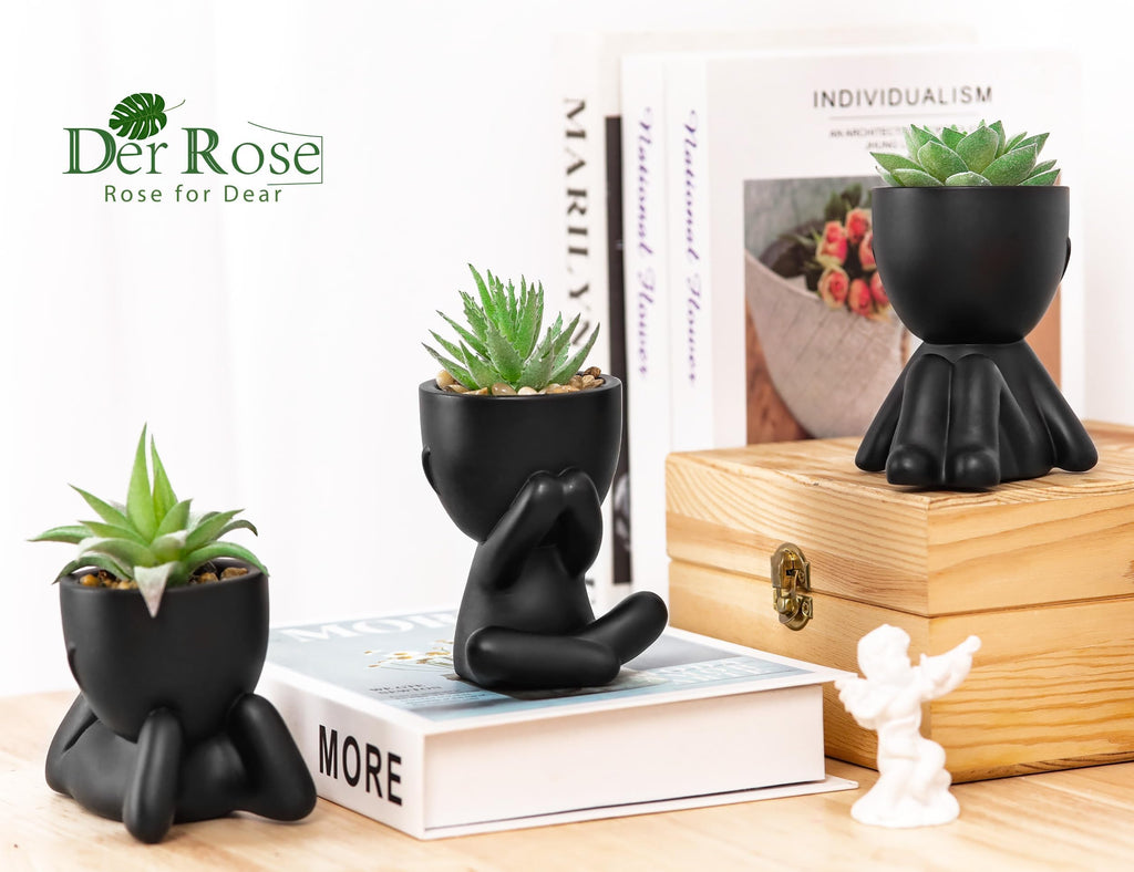 Der Rose 3Pcs Fake Plants Small Artificial Succulent, Cute Faux Plants for Home Bathroom Bedroom Living Room Office Desk Shelf Black Decor Indoor Aesthetic