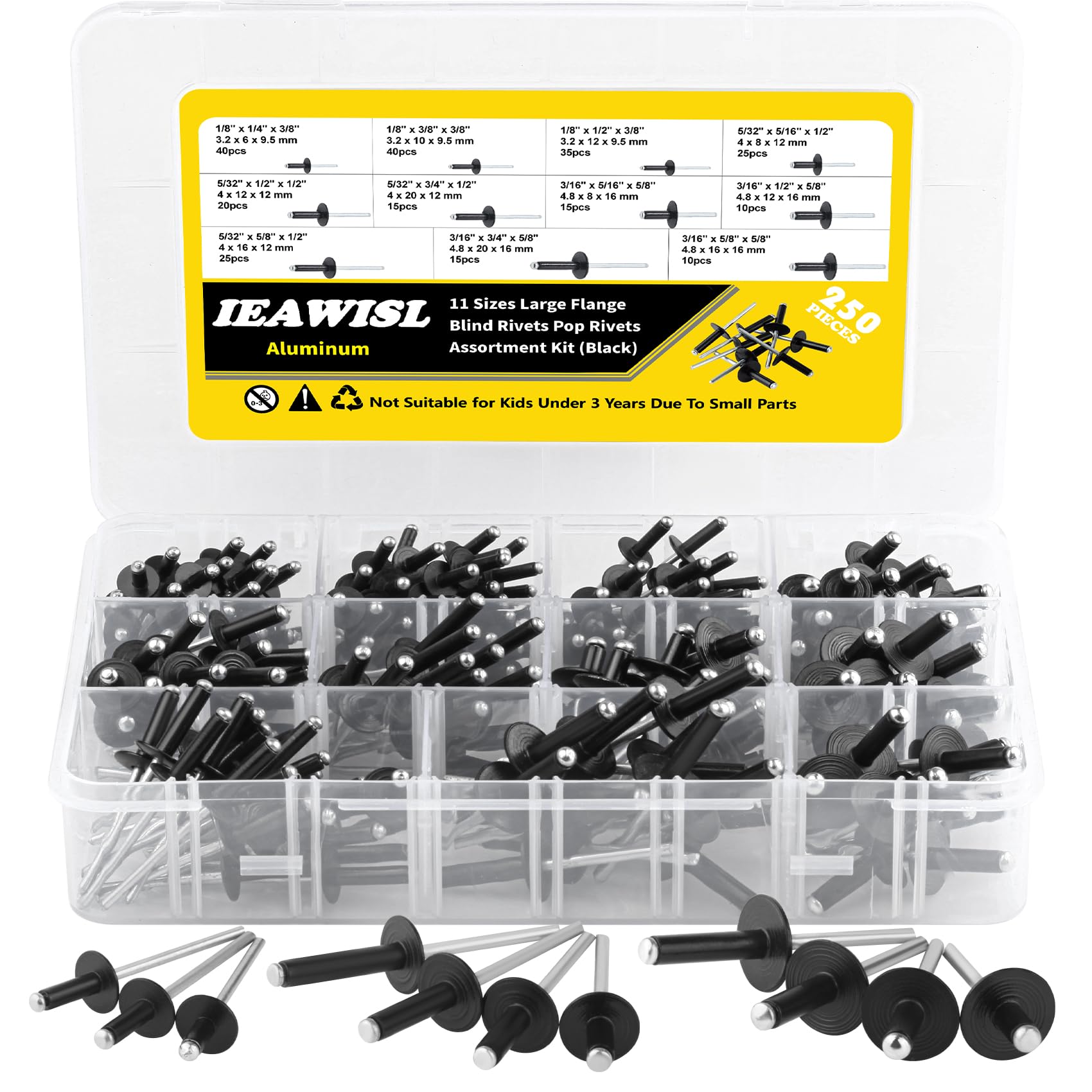Pop Rivets Assortment Kit, 250PCS Large Flange Aluminum Rivets, 11 SAE Sizes Flange Diameter - 1/8" 5/32" 3/16" for Airplanes, Ships, Rails and DIY（Black ）