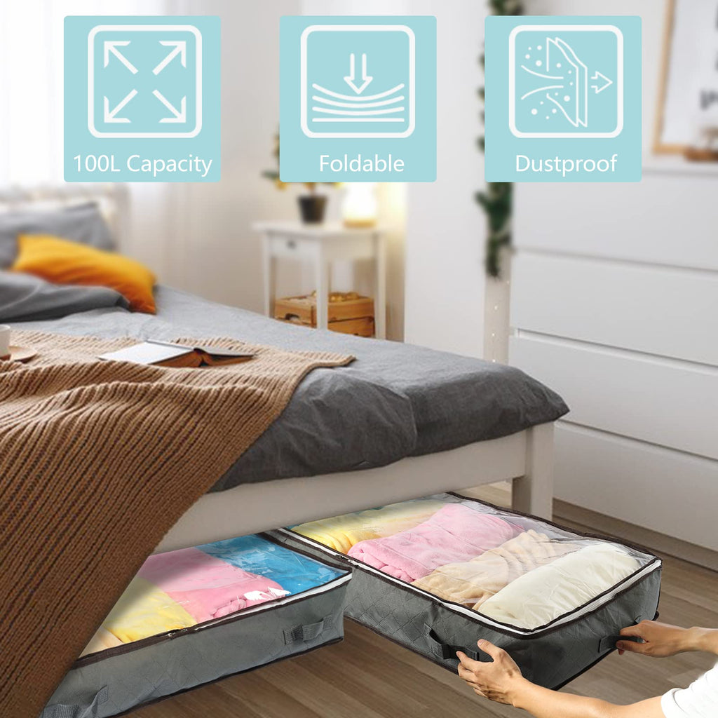 Under Bed Storage Bags, 4 Pack 100L Underbed Storage Bins with Reinforced Handles, Non-woven Clothes Organizer Soft Containers for Blanket, Pillows, Comforters, Sheets and Wrapping Paper