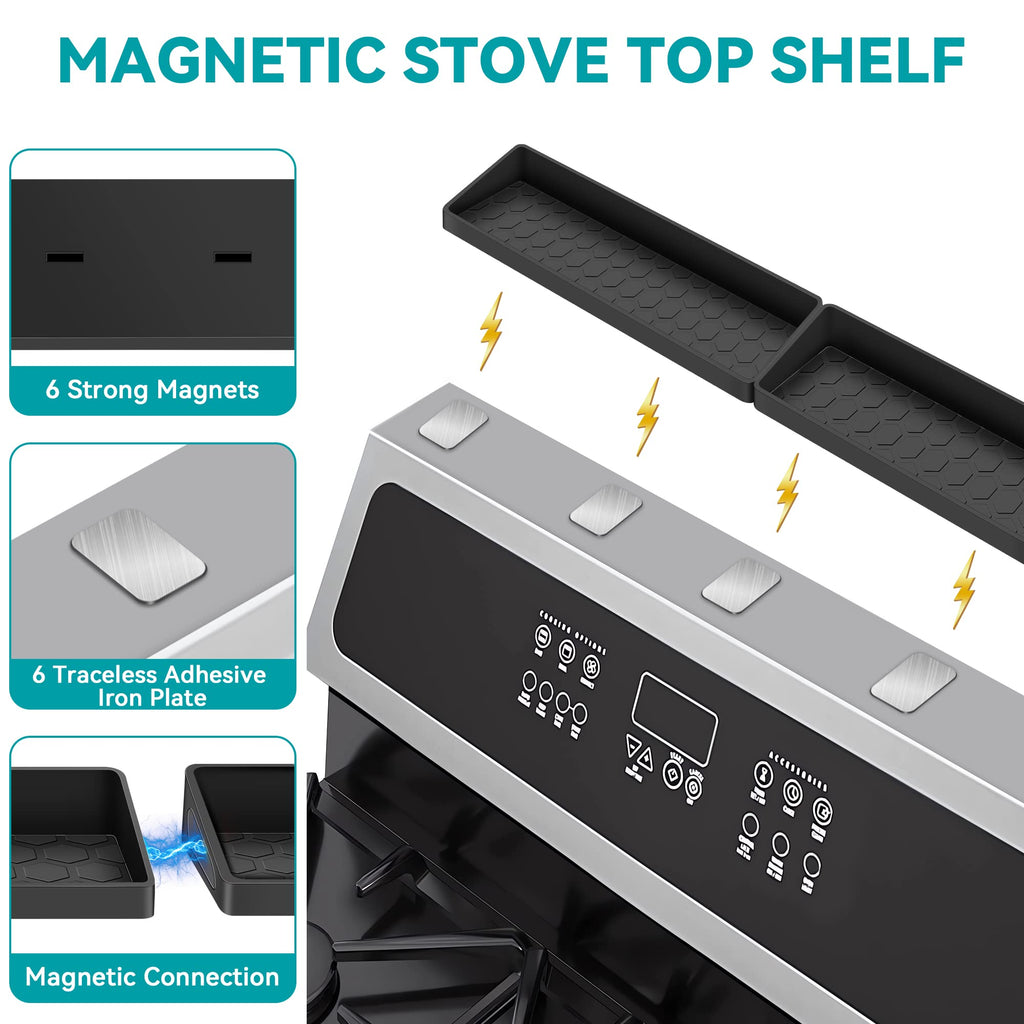 Homotte Stove Top Shelf - Silicone Magnetic Shelf for Kitchen Stove - Over Stove Spice Rack Organizer with 3 Detachable Functional Partitions - Adjustable Length of 20/24/30 Inch (Black)