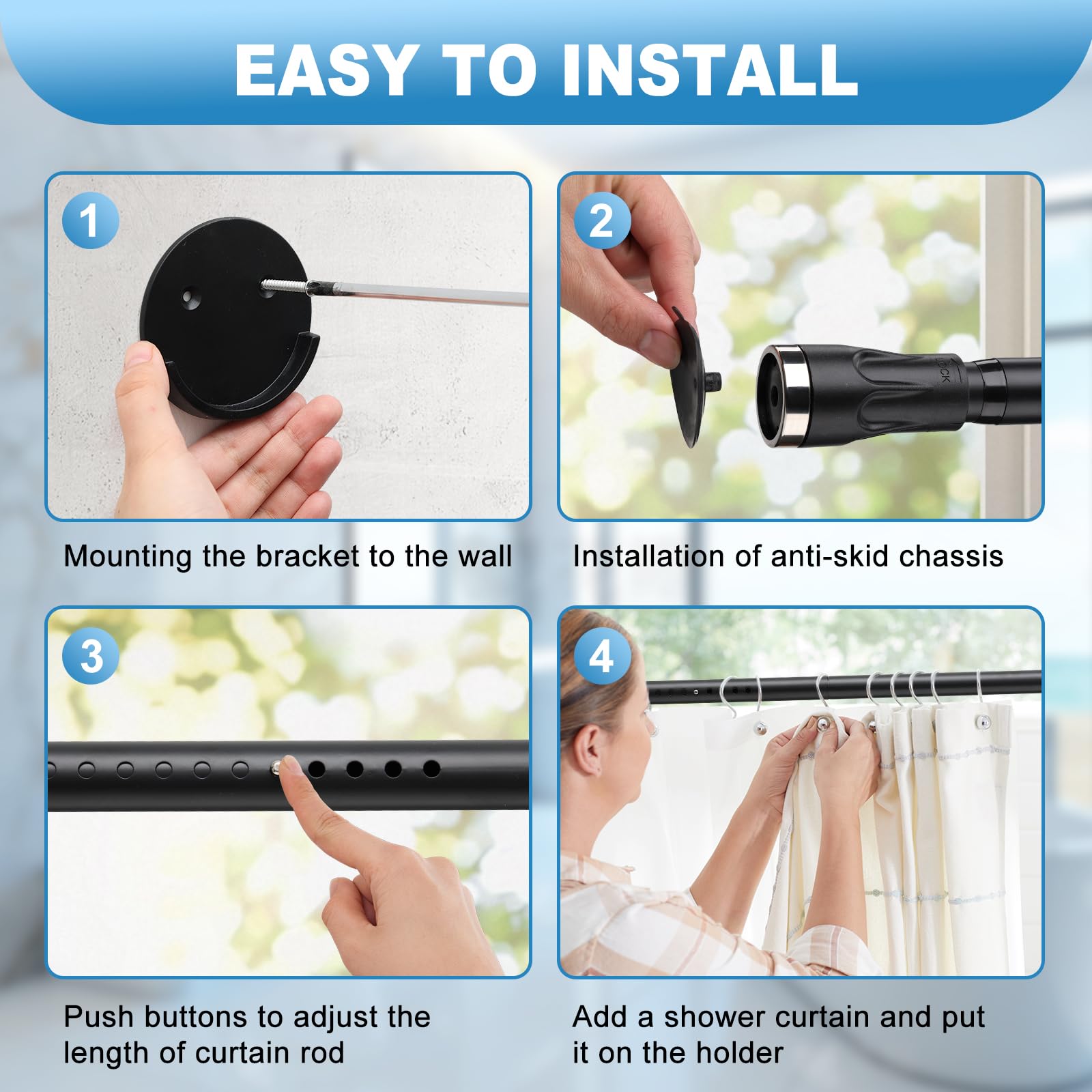 Tension Shower Curtain Rod, 42 to 100 inch Adjustable Heavy Duty black shower tension curtain rod for bathroom Closet Windows