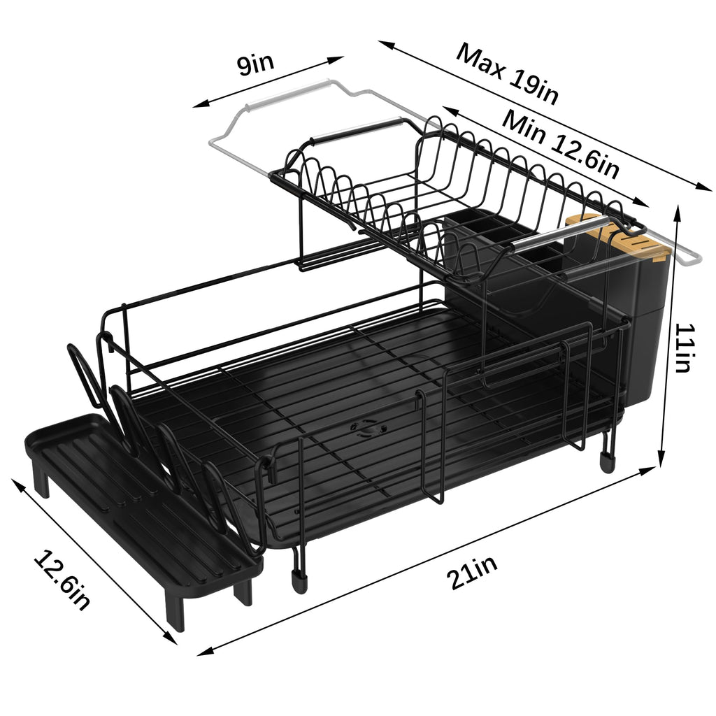 Runnatal Large Dish Drying Rack with Drainboard Set, Extendable Dish Rack, Utensil Holder, Cup Holder, Large-Capacity 2-Tier Dish Drying Rack, Expandable Dish Drainer for Kitchen Counter