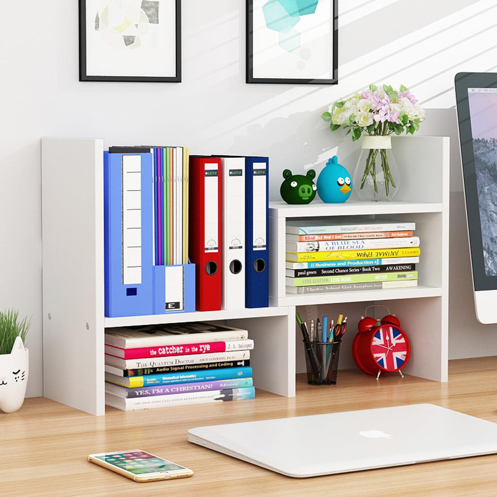 Olyzer Desktop Organizer Office Storage Rack, Adjustable Bookshelf Display Shelf, Versatility Office Supplies Desk Organizer, Free Style Expandable Desktop Bookcase Stand Shelf (White)