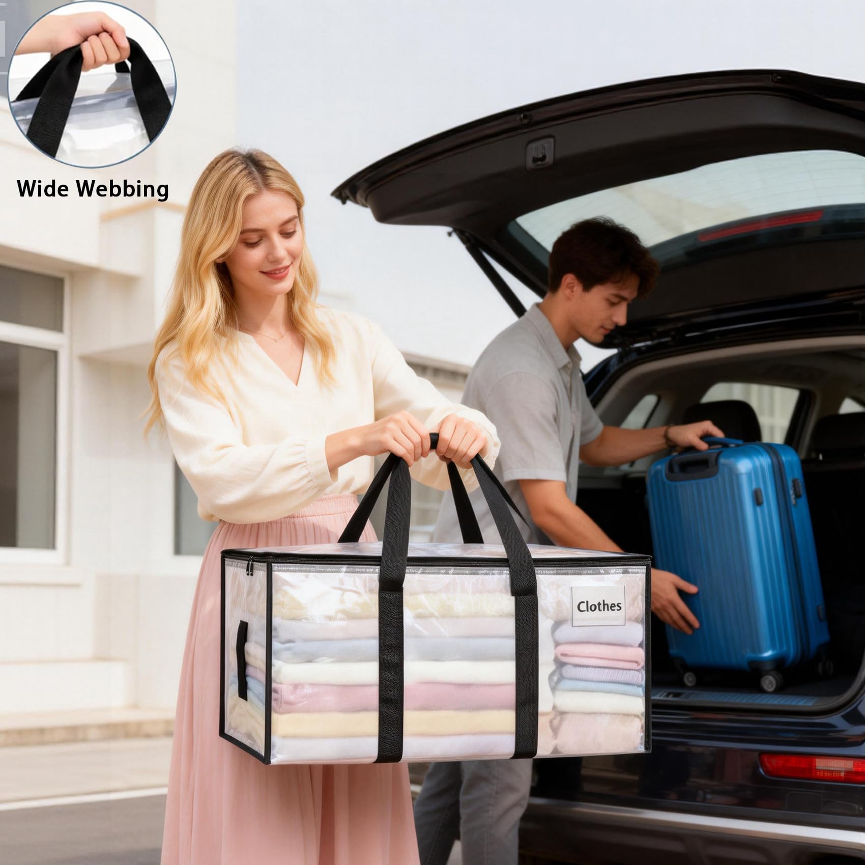 8 Pack Extra Large Heavy Duty Moving Bags,Clear Large Storage Bags with Lids,Moving Boxes with Zippers & Reinforced Handles,Transparent Packing Bags for College Dorm,Traveling,Christmas Decorations