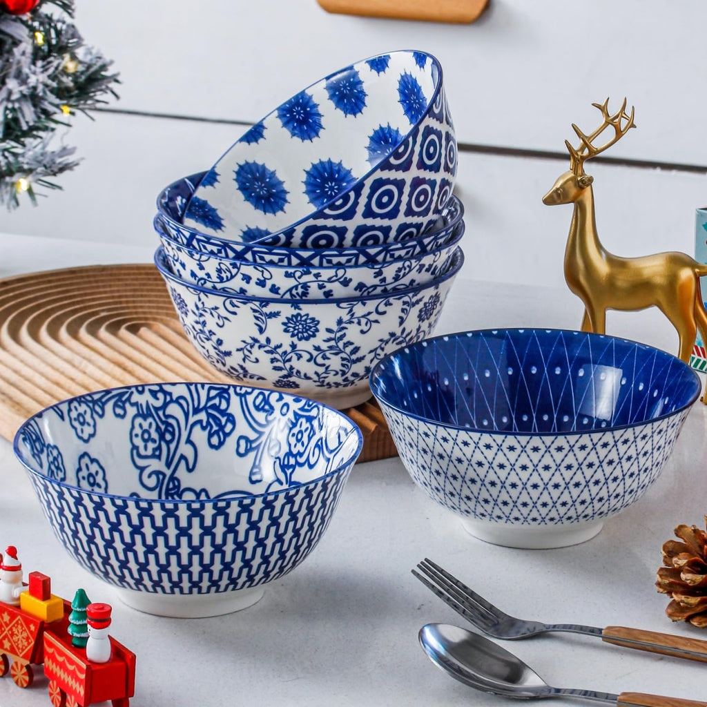Cerkik Ceramic Soup Bowls Set – 24 Oz / 680 ml Deep Cereal Bowls, 6 Inch / 15.8 cm Large Porcelain Dinner Bowls for Salad, Pasta, Dessert, Oatmeal – Microwave Dishwasher Safe – Set of 6 – Vintage Blue