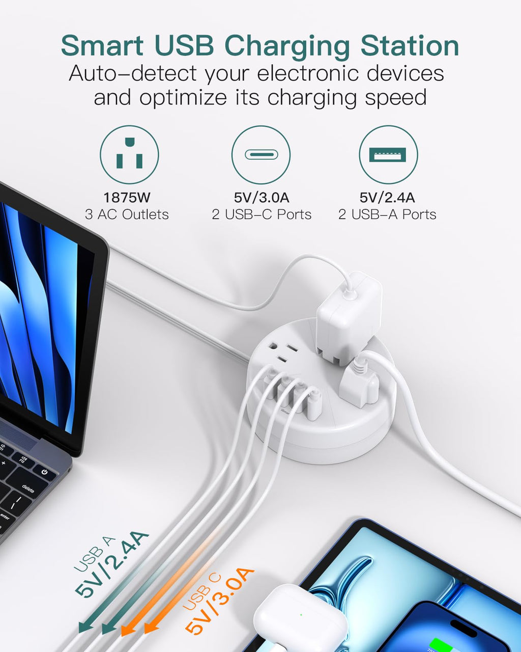 Addtam Travel Power Bar with 4 USB Ports(2 USB C), Retractable Flat Plug Extension Cord 5FT, Cruise Ship Essentials