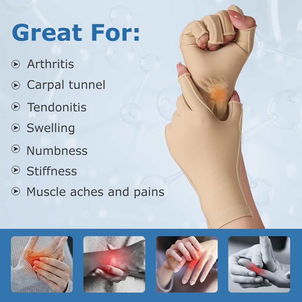 NURCOM Compression Arthritis Gloves Support for Women & Men, Relieve Pain & Swelling from Arthritis, Carpal Tunnel, Tendinitis, Tendonitis, Single Glove for Left & Right Hand, Open Finger Beige Large