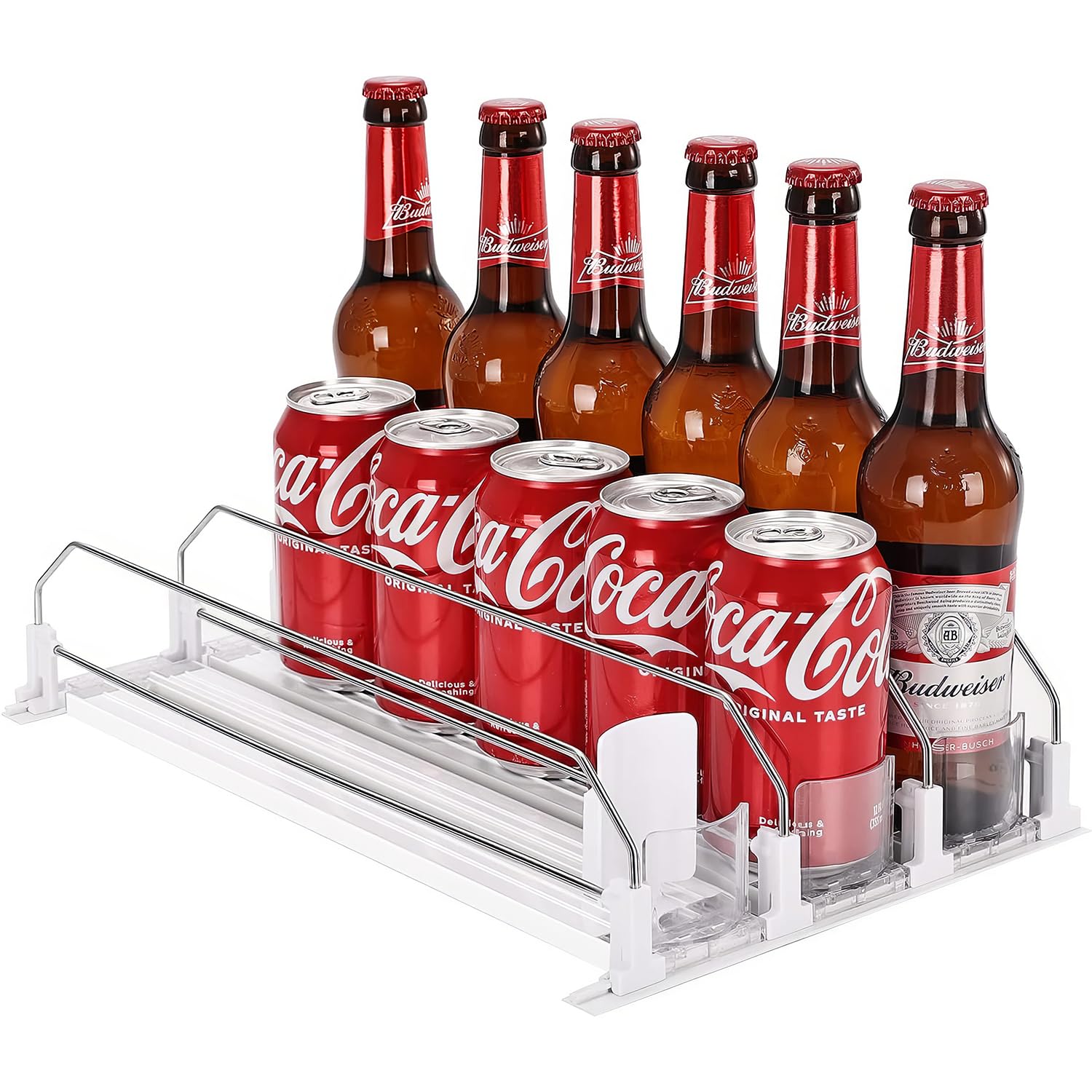 Drink Organizer for Fridge Self-Pushing Can Organizer Width Adjustable, Fits 12oz 16oz 20oz Drinks, Holds up to 15 Cans (3 Rows White)
