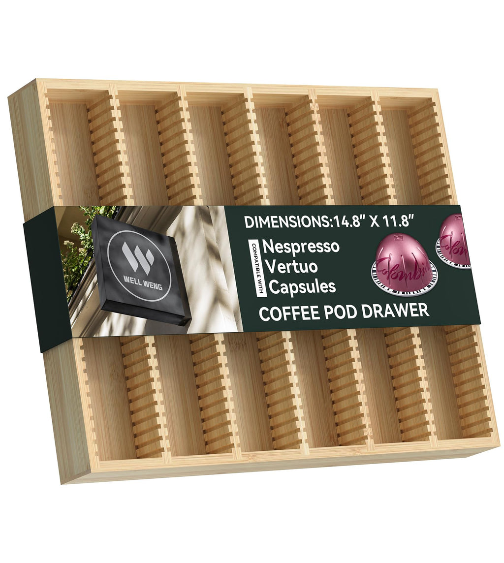 WELL WENG for Nespresso Vertuo Capsules - Premium Bamboo Coffee Pod Drawer Insert Organizer for Counter (48 Big or 60 Small Pods)