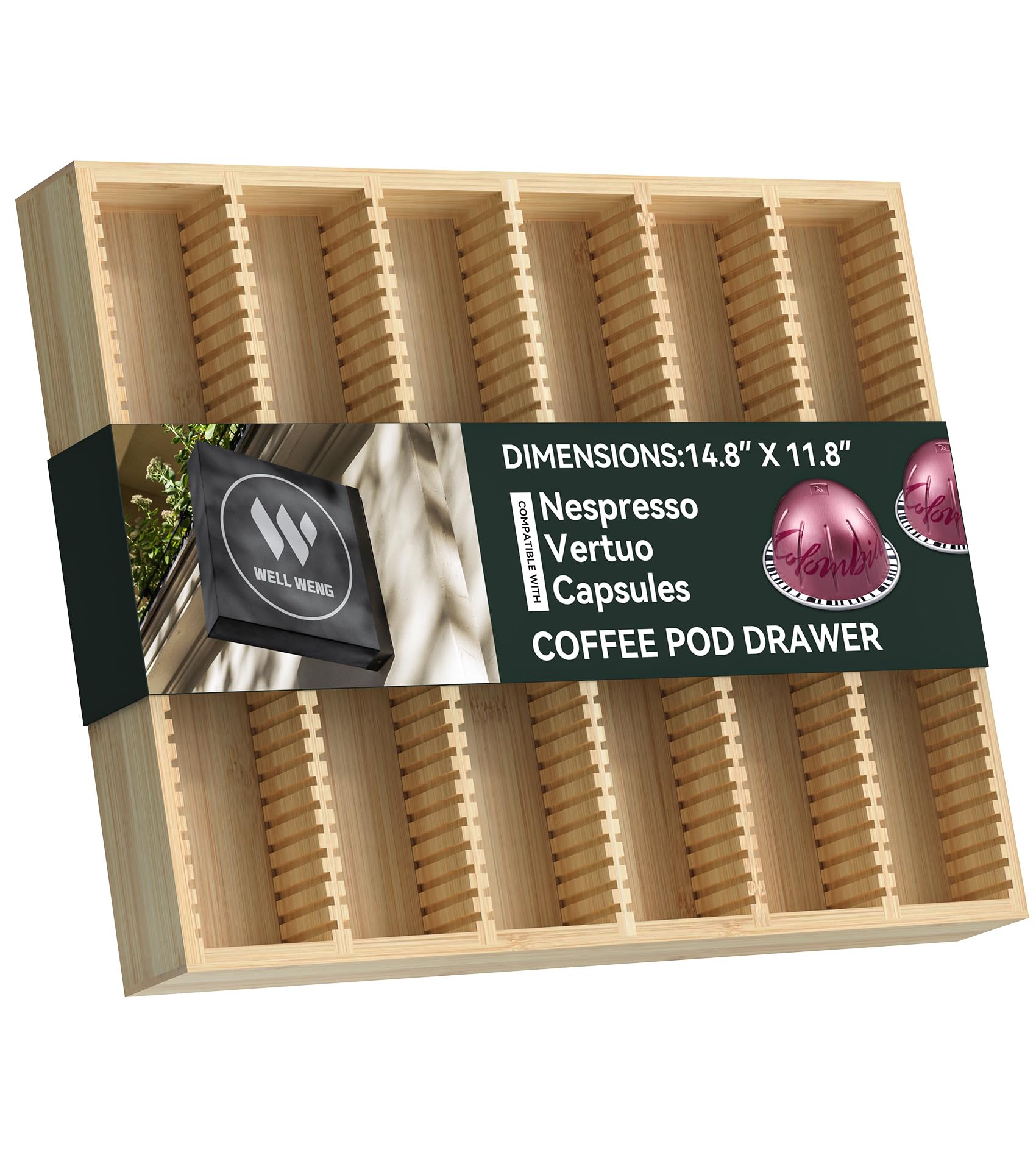 WELL WENG for Nespresso Vertuo Capsules - Premium Bamboo Coffee Pod Drawer Insert Organizer for Counter (48 Big or 60 Small Pods)
