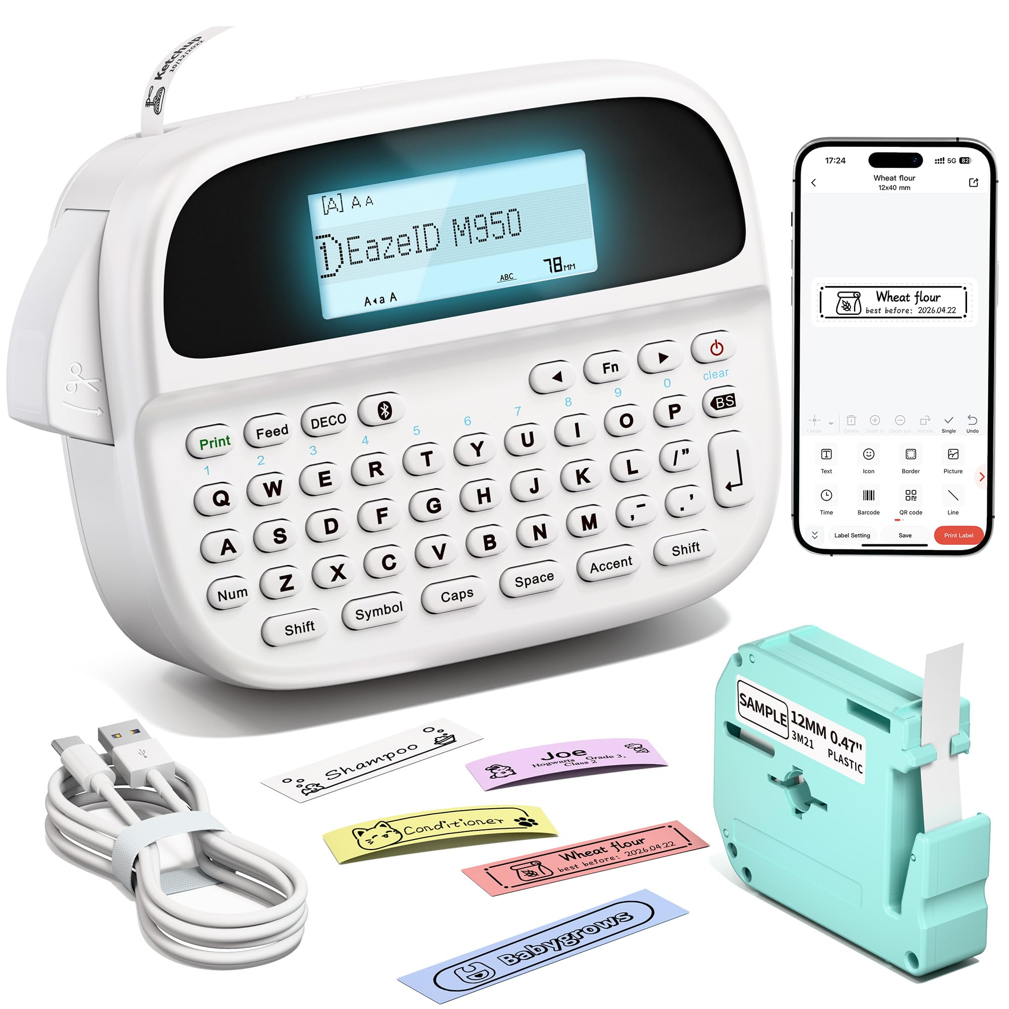 Mini Bluetooth Label Maker, Rechargeable Label Maker Machine with Tape-Waterproof, Portable Labeler with QWERTY Keyboard & Backlit LCD, for Kitchen Classroom Teacher Kids