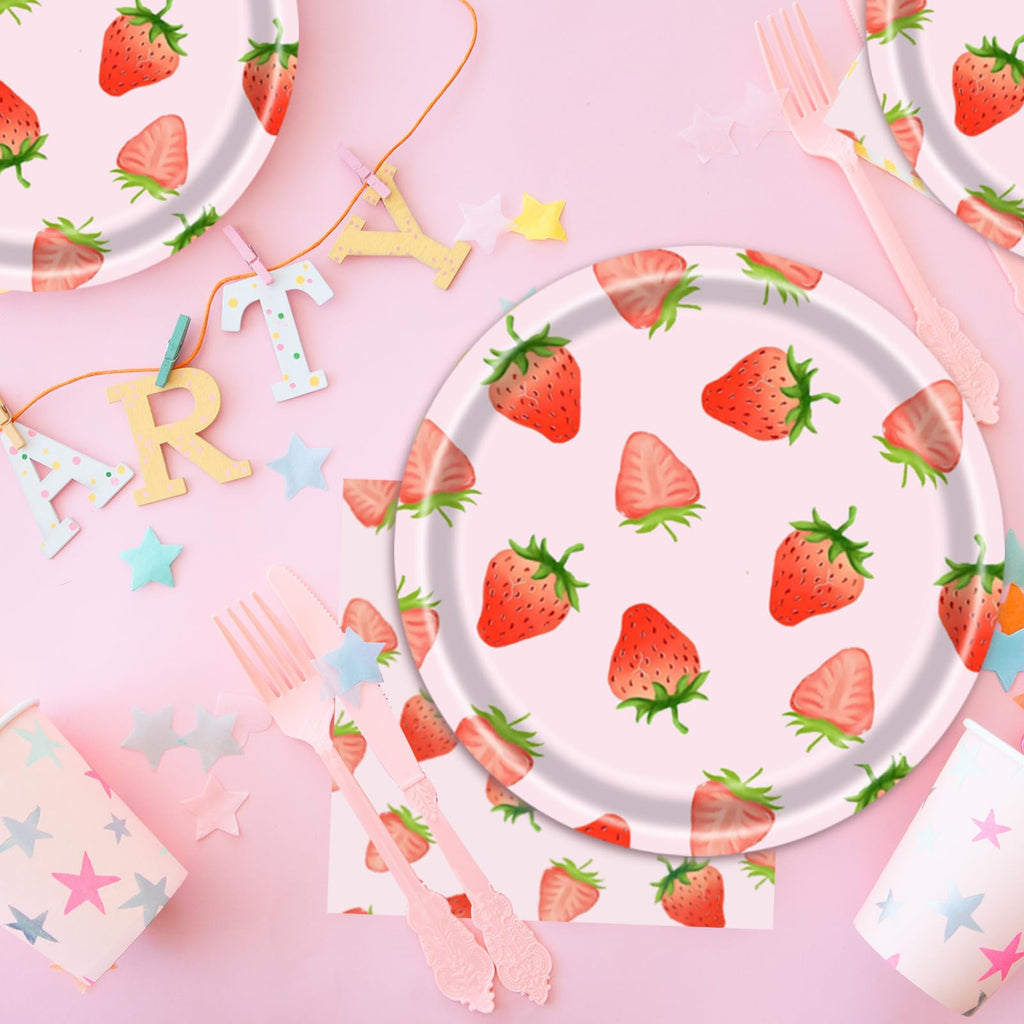 QYCX 65 Pcs Strawberry Plates Napkins Strawberry Party Decorations Berry Party Supplies Tableware Fruit Dinnerware for Berry 1st Birthday Decorations Fruit Party Decorations