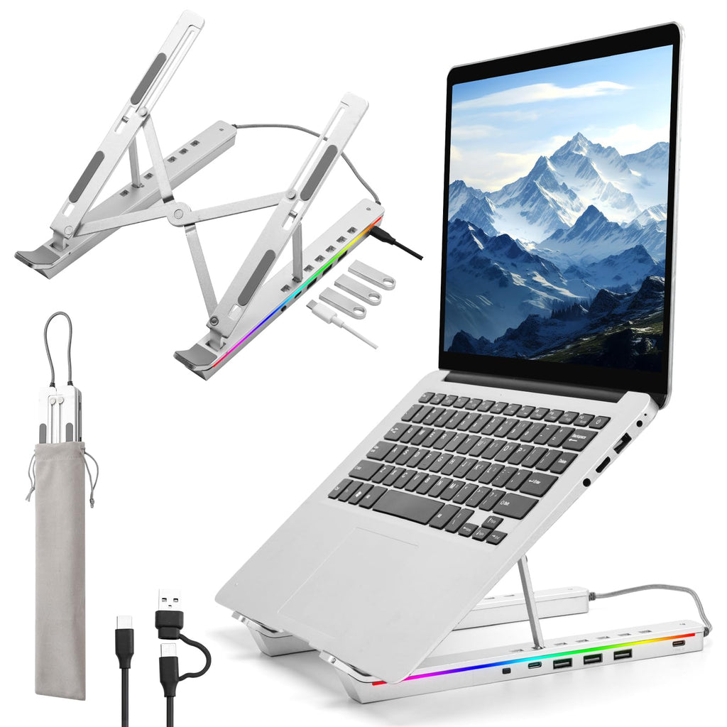 Laptop Stand with USB、Type C and RGB Lights, Aluminum Adjustable Foldable Laptop Stand for Desk, Ergonomic Portable Laptop Riser Holder Compatible with Laptops and iPad 10-15.6", Silver